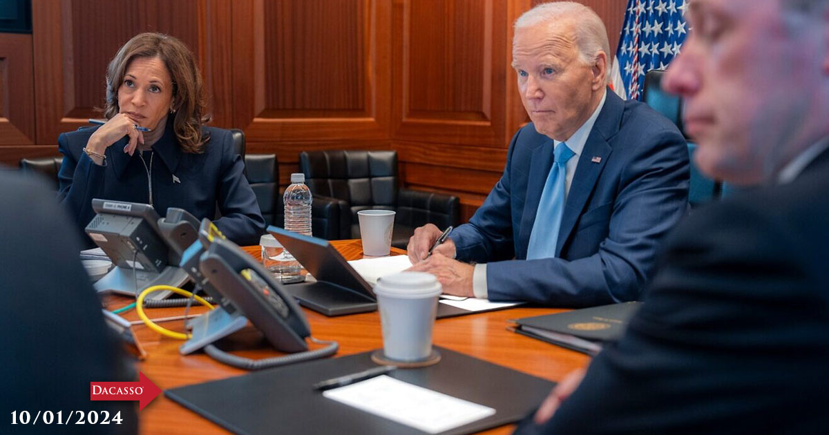 Dacasso pads on display during President Biden and Vice President Harris meeting in Situation Room for Hurricane Helene response