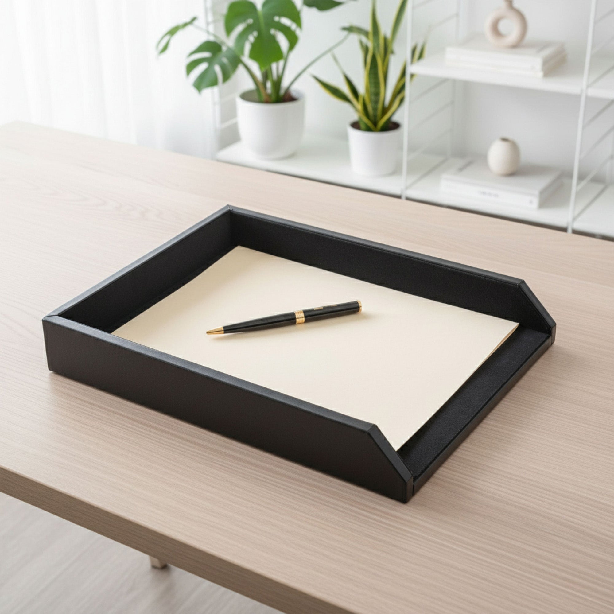 Classic Black Leather Front-Load Letter Tray