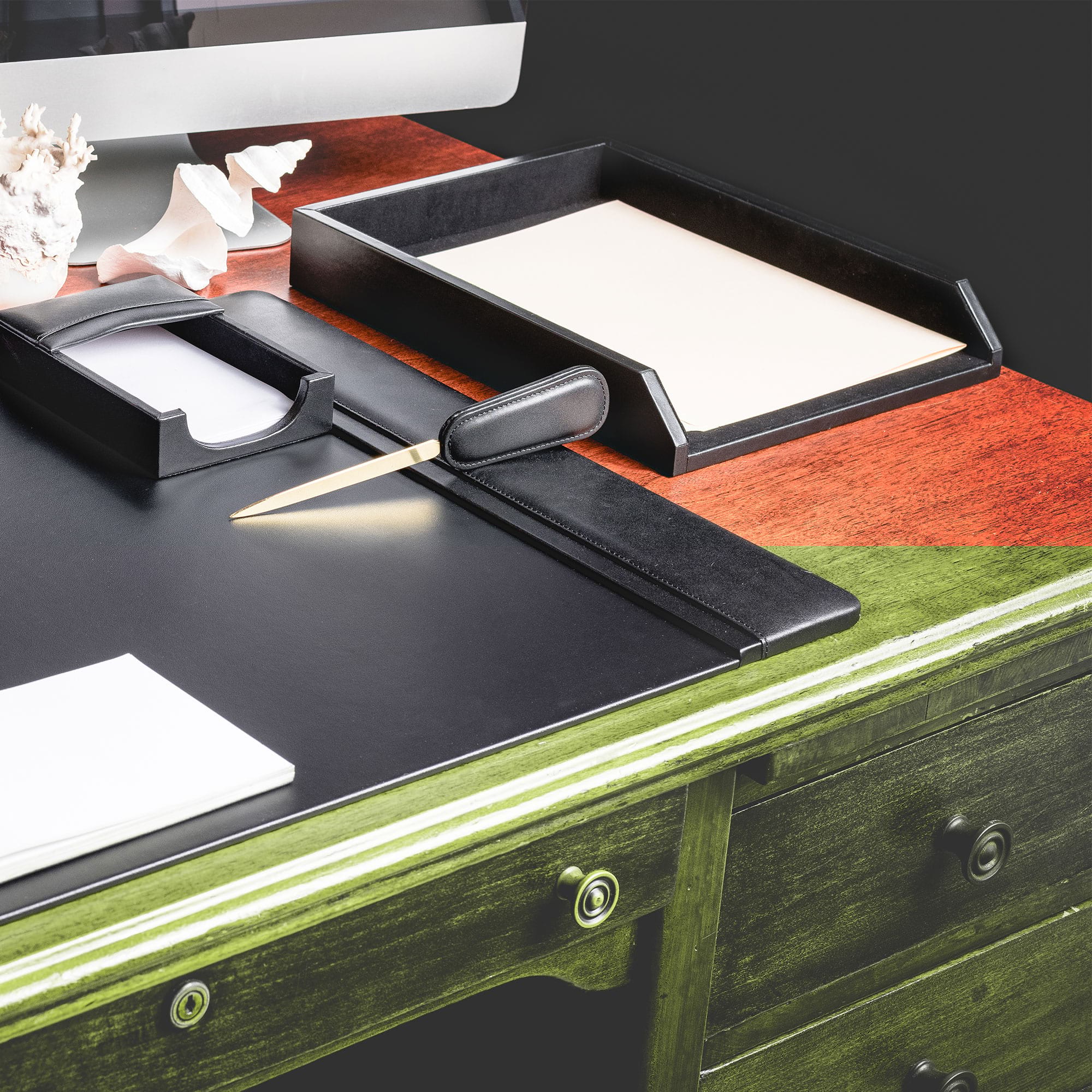 Classic Black Leather Front-Load Letter Tray