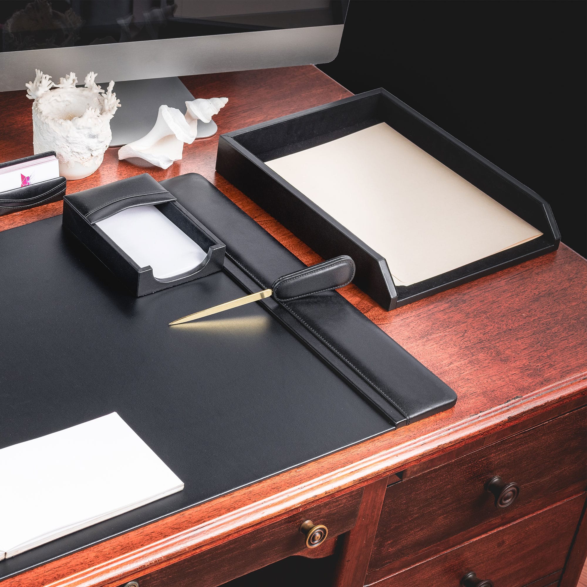 Classic Black Leather Front-Load Letter Tray