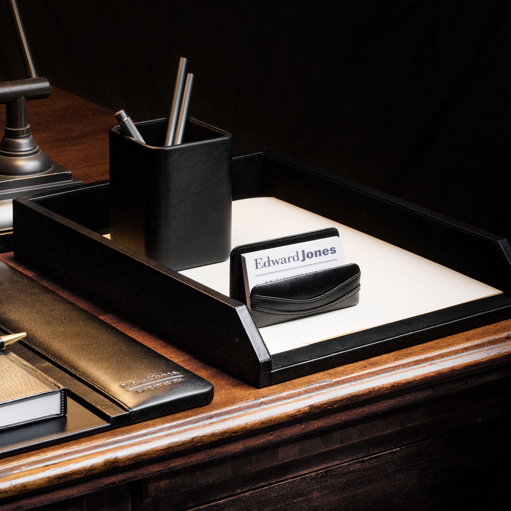 Classic Black Leather Front-Load Letter Tray