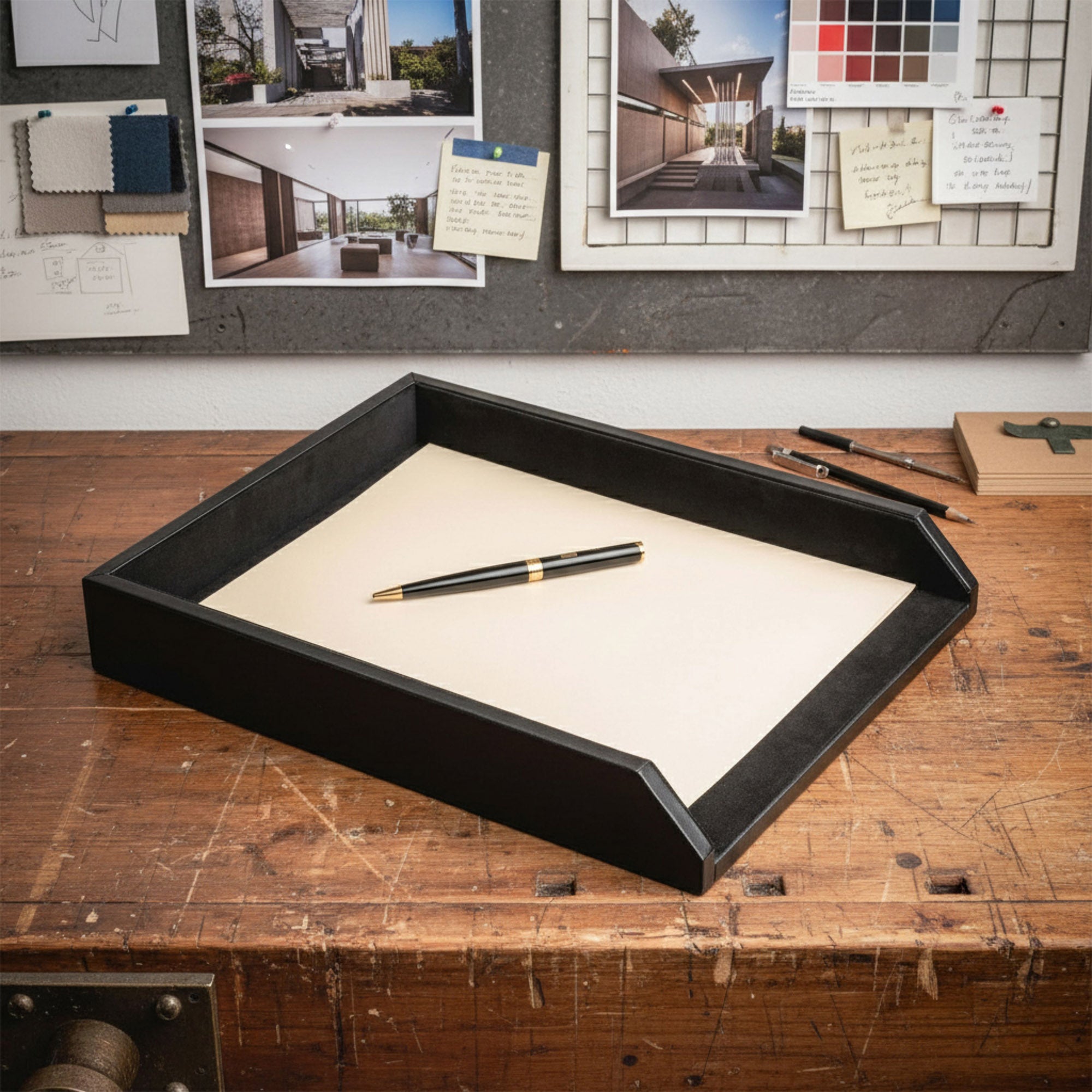 Classic Black Leather Front-Load Letter Tray