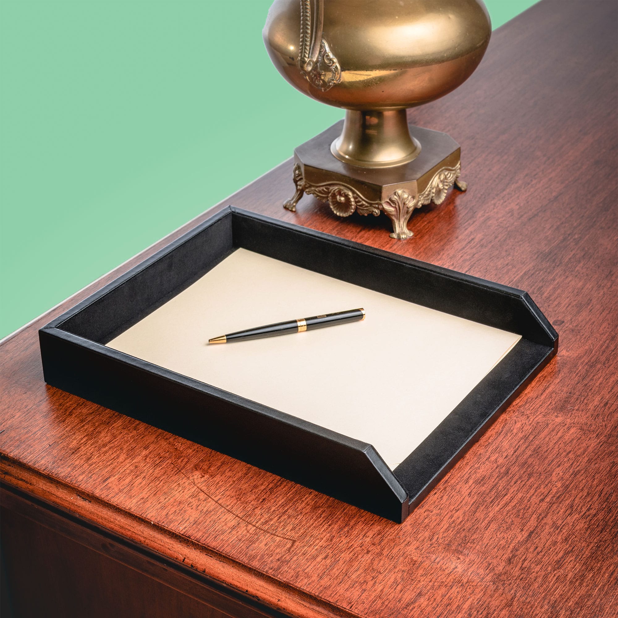 Classic Black Leather Front-Load Letter Tray