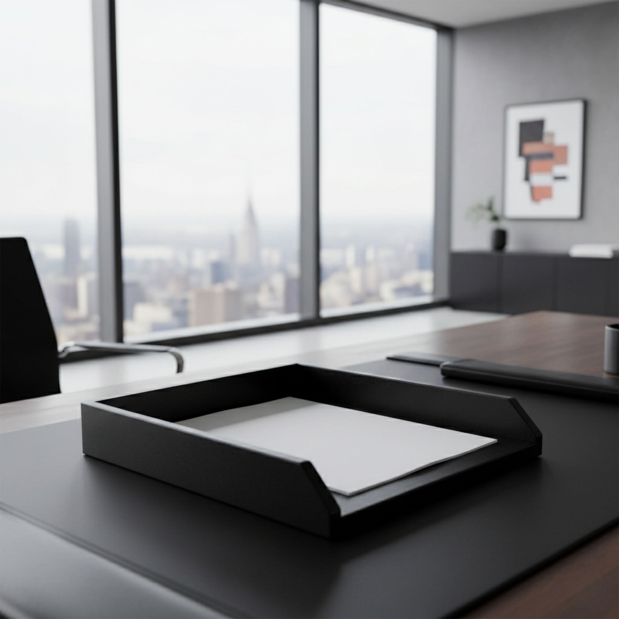 Classic Black Leather Front-Load Letter Tray