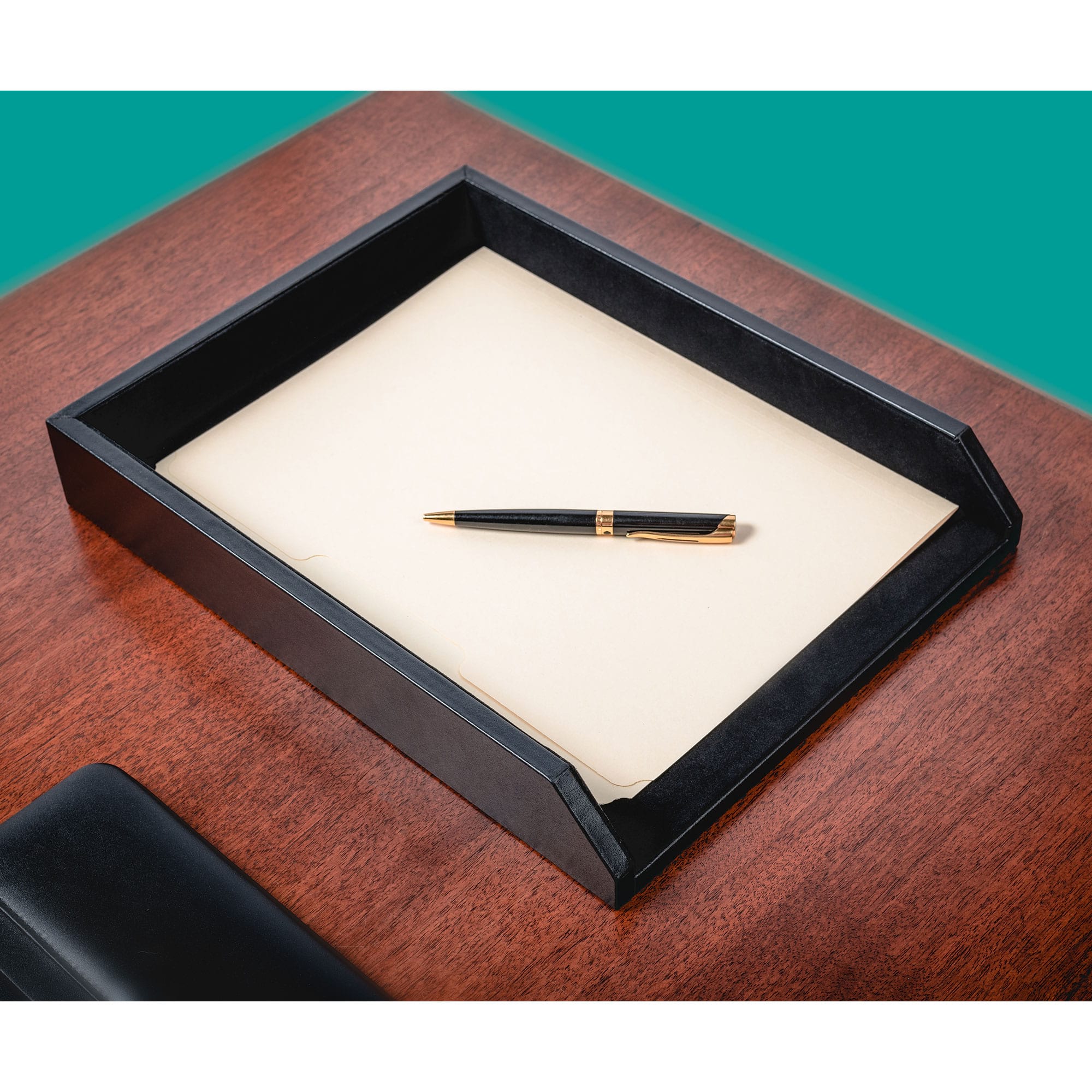 Classic Black Leather Front-Load Letter Tray