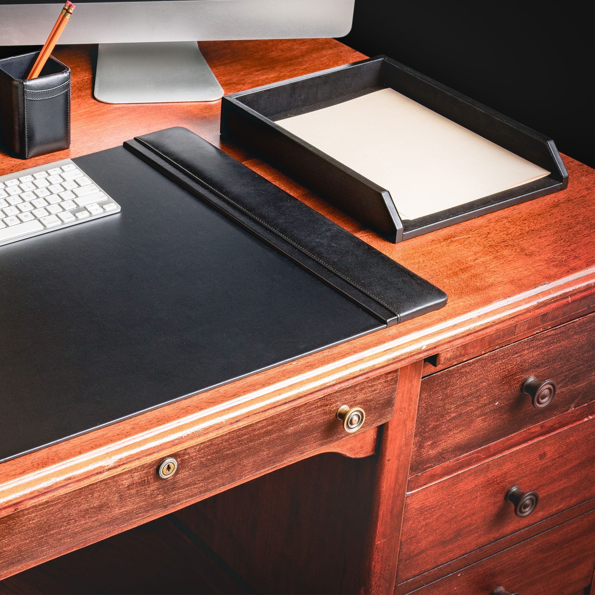 Classic Black Leather Front-Load Letter Tray