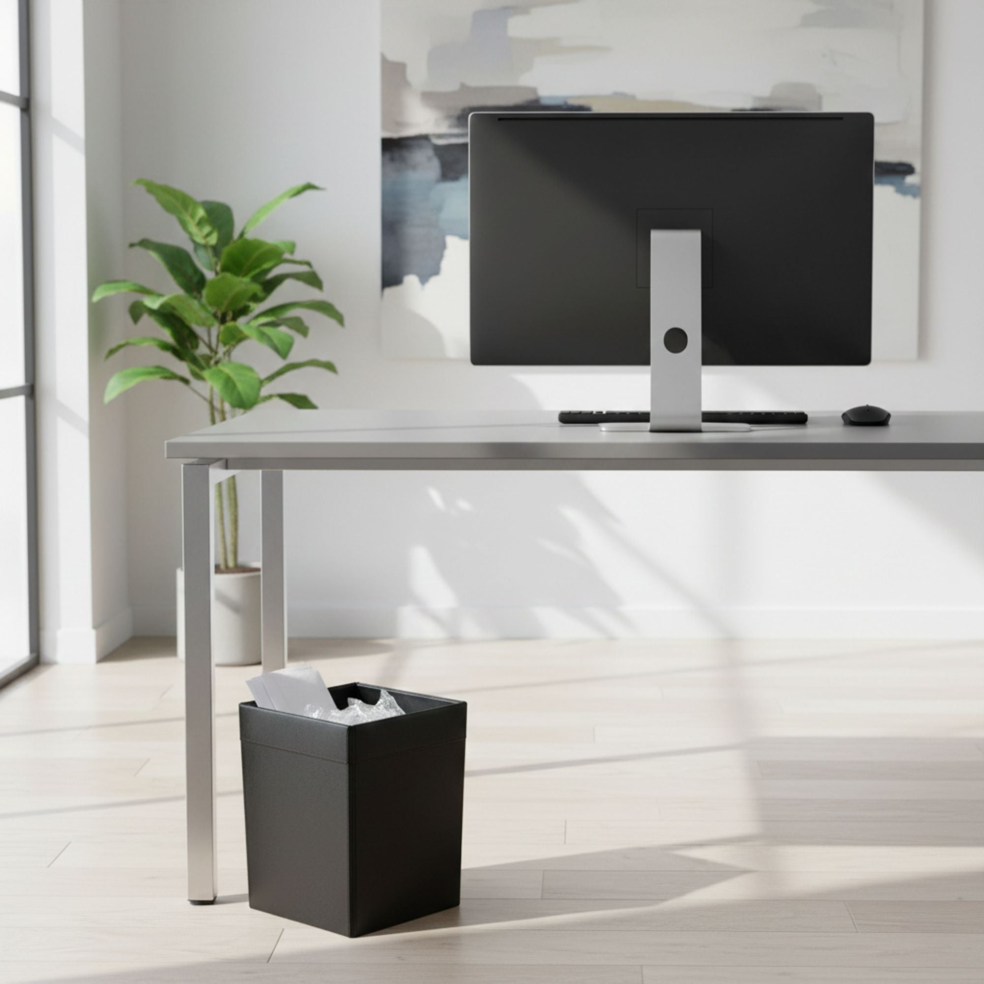 Classic Black Leather Square Waste Basket, 14 Qt