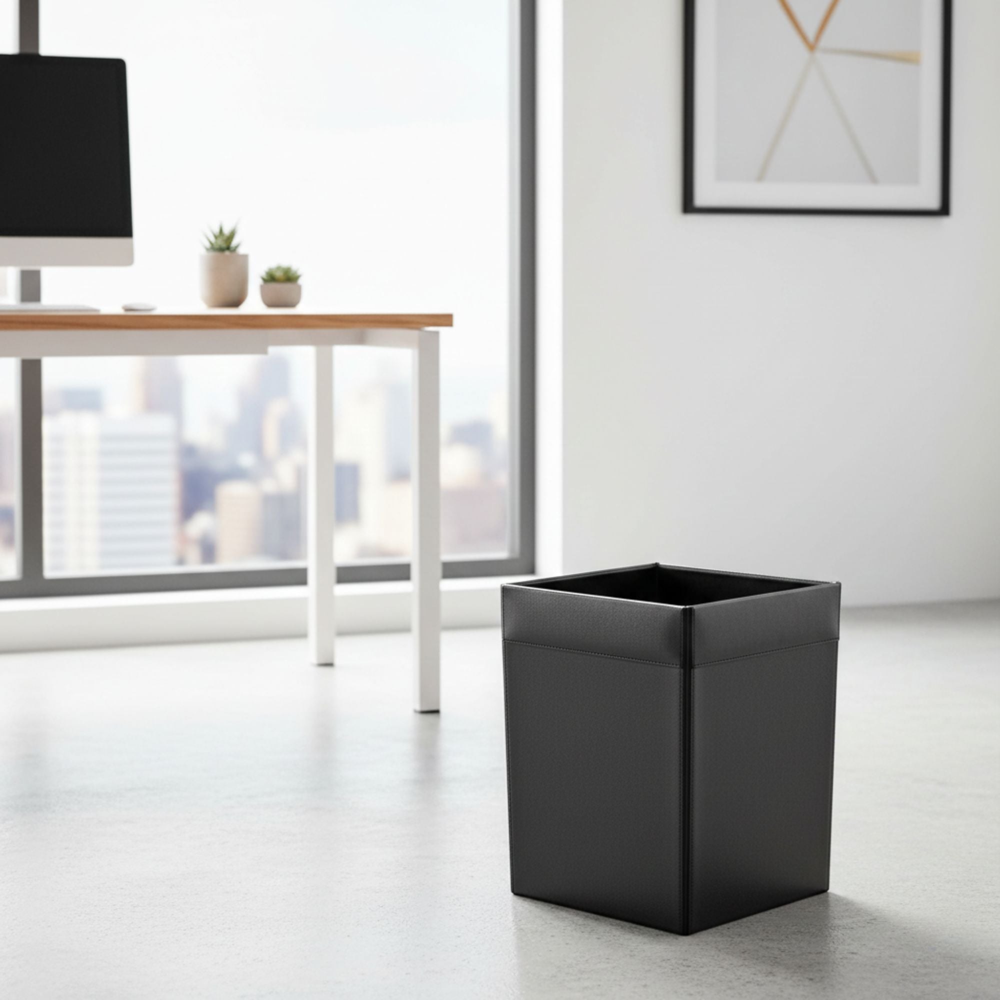 Classic Black Leather Square Waste Basket, 14 Qt