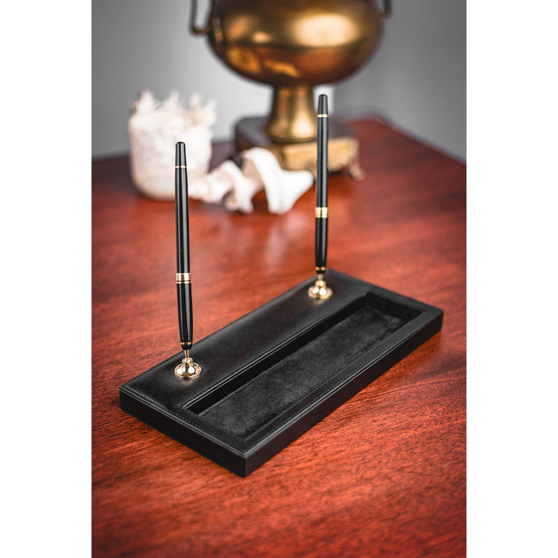 Black Leather Double Pen Stand w/ Gold Accents