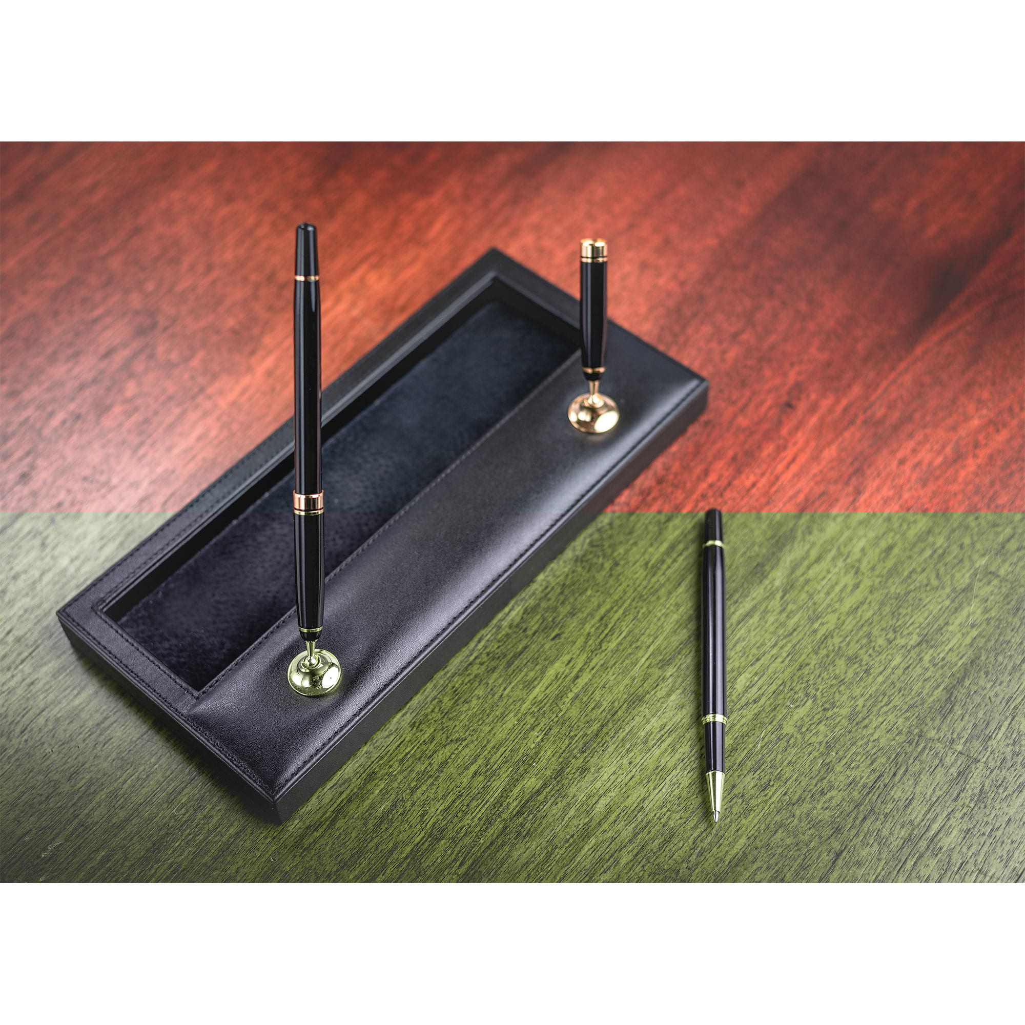 Black Leather Double Pen Stand w/ Gold Accents