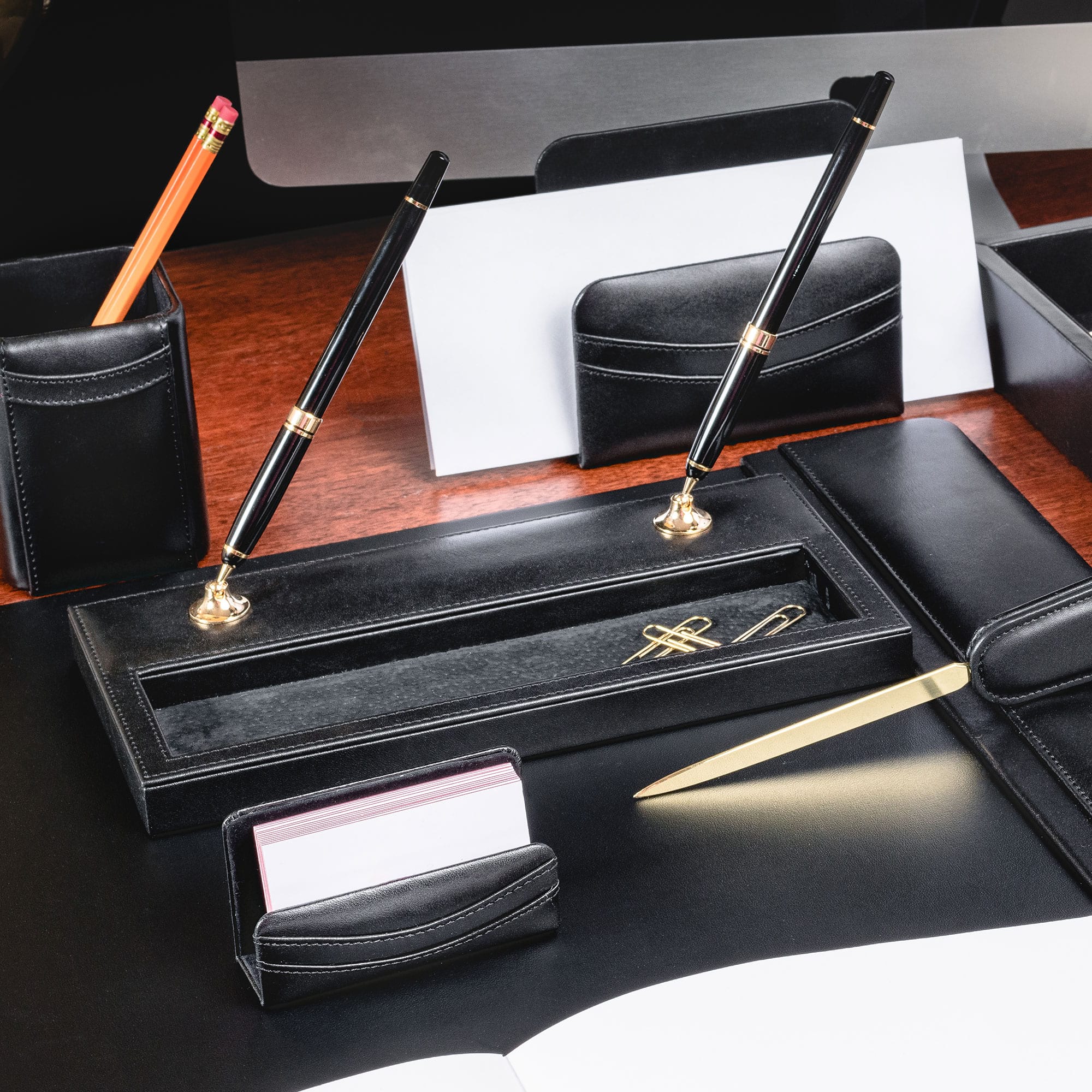 Black Leather Double Pen Stand w/ Gold Accents