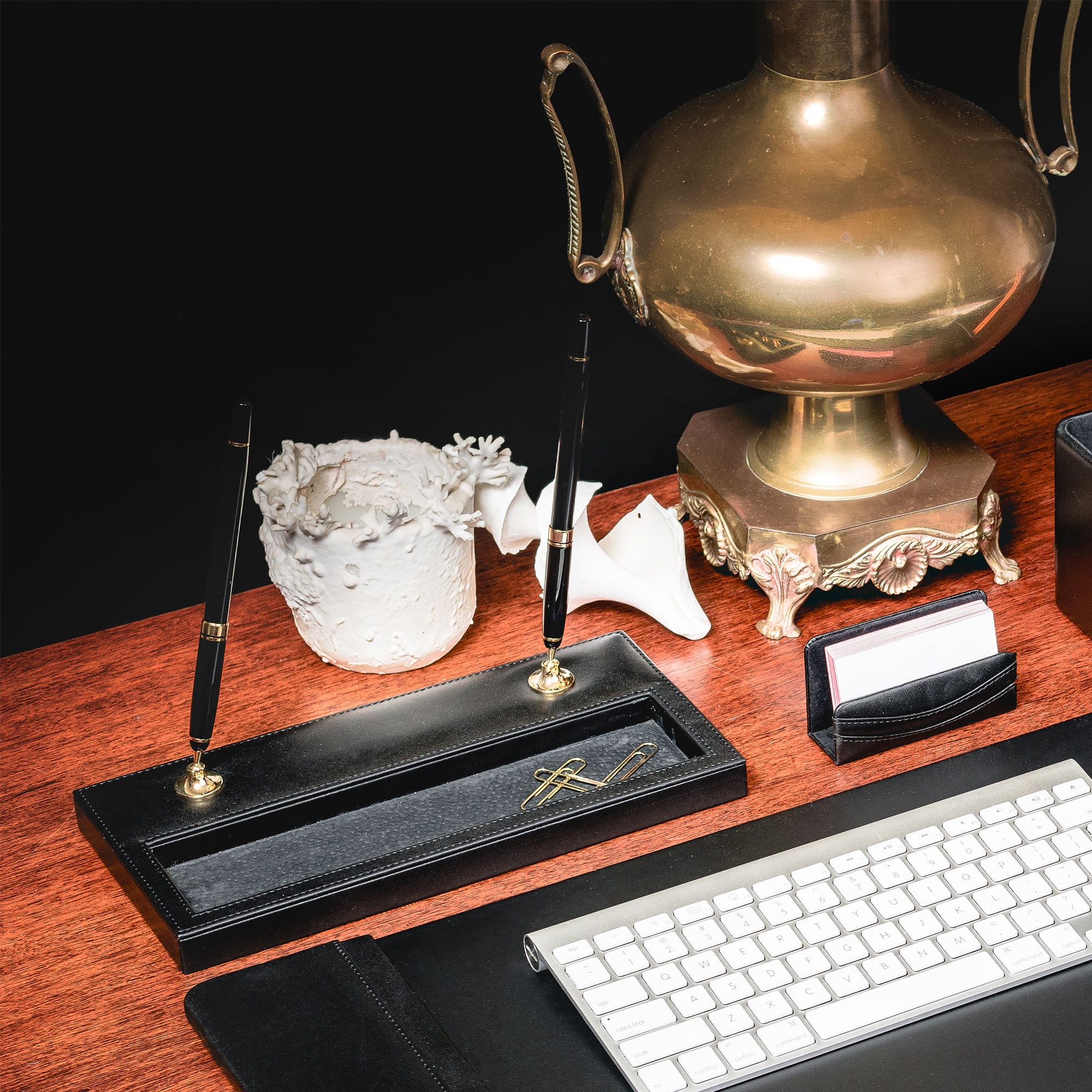 Black Leather Double Pen Stand w/ Gold Accents