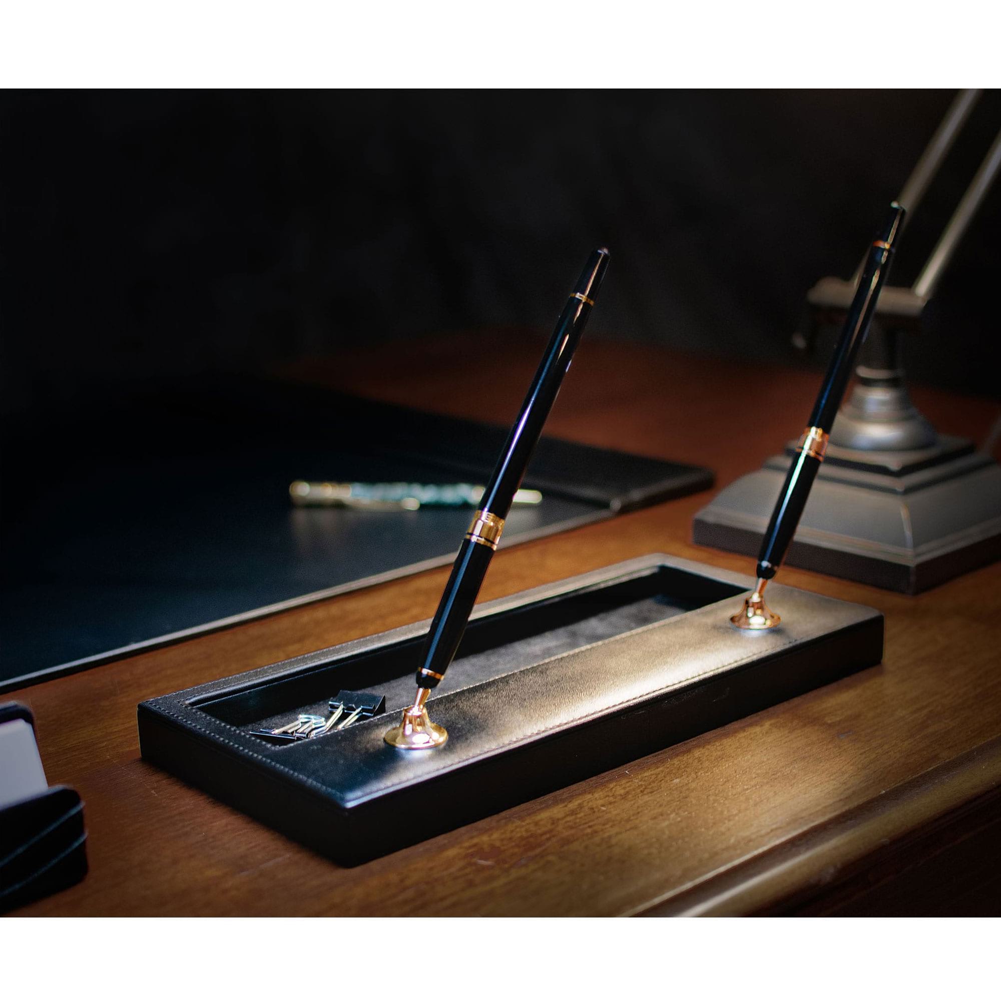 Black Leather Double Pen Stand w/ Gold Accents