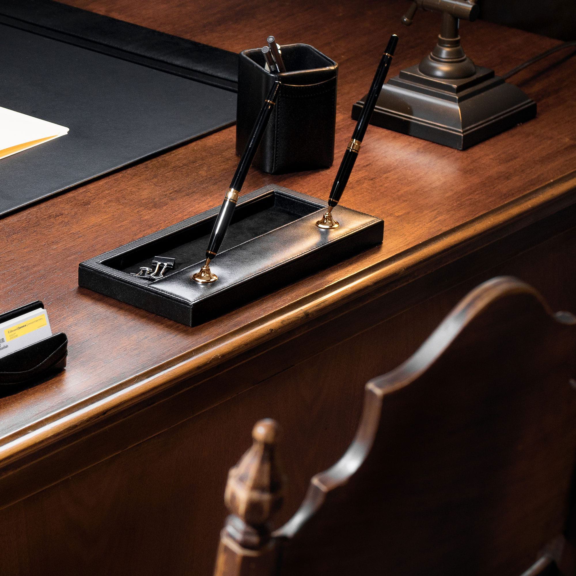 Black Leather Double Pen Stand w/ Gold Accents