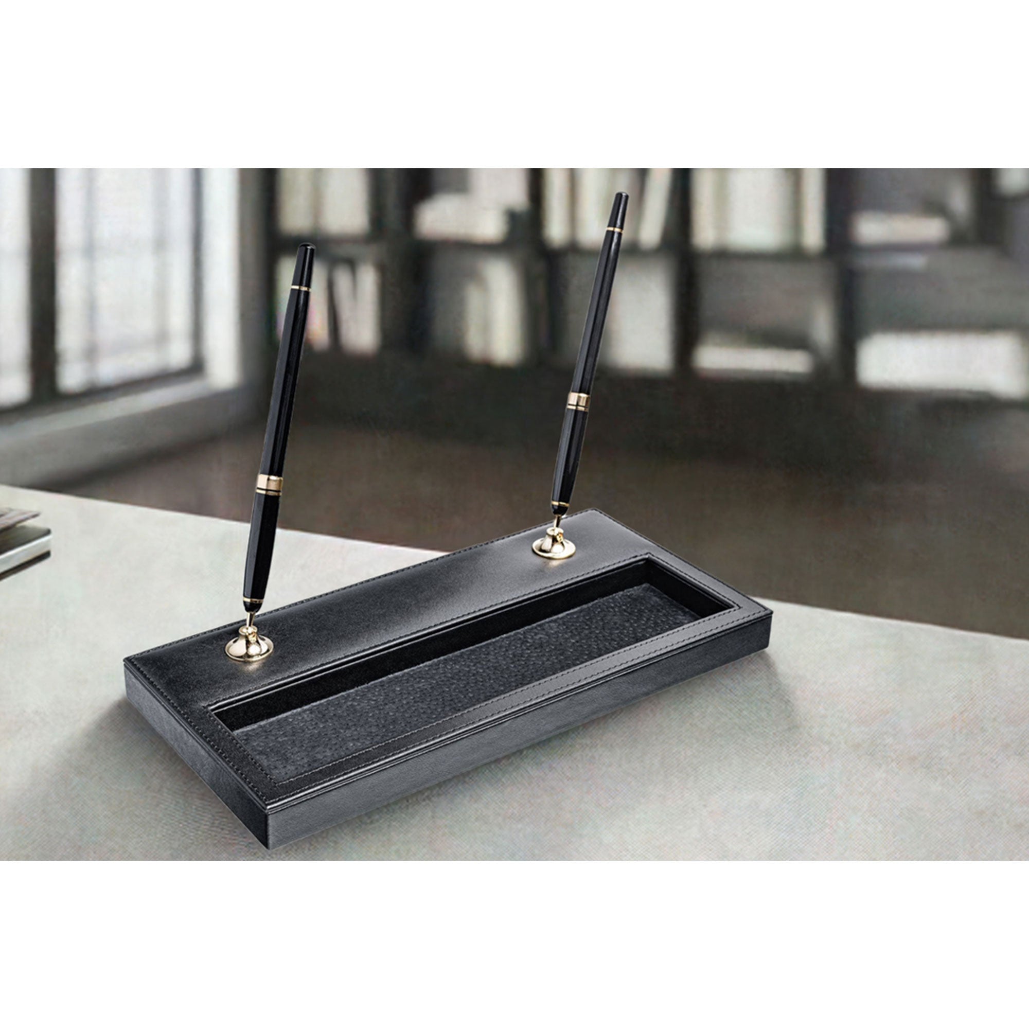 Black Leather Double Pen Stand w/ Gold Accents