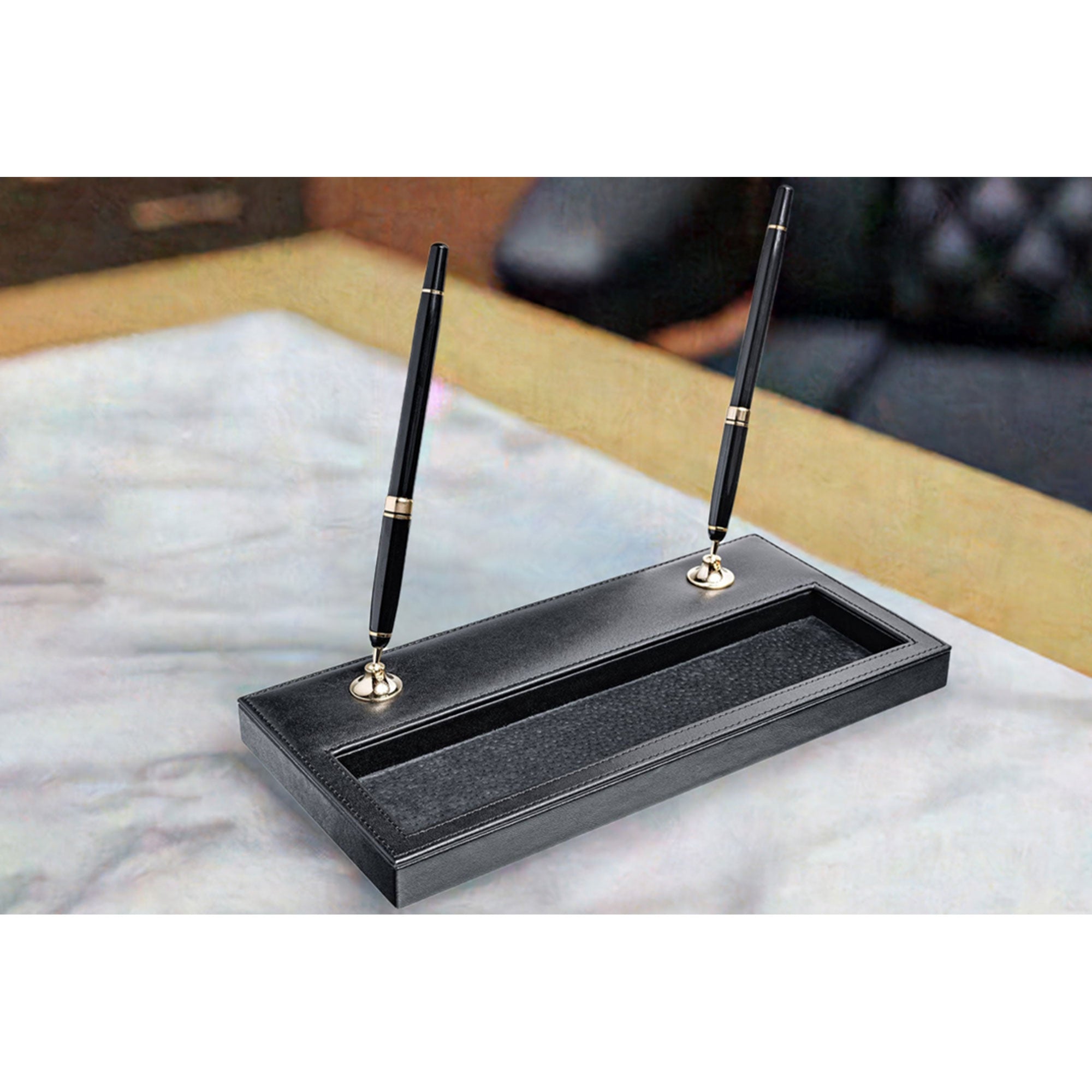 Black Leather Double Pen Stand w/ Gold Accents