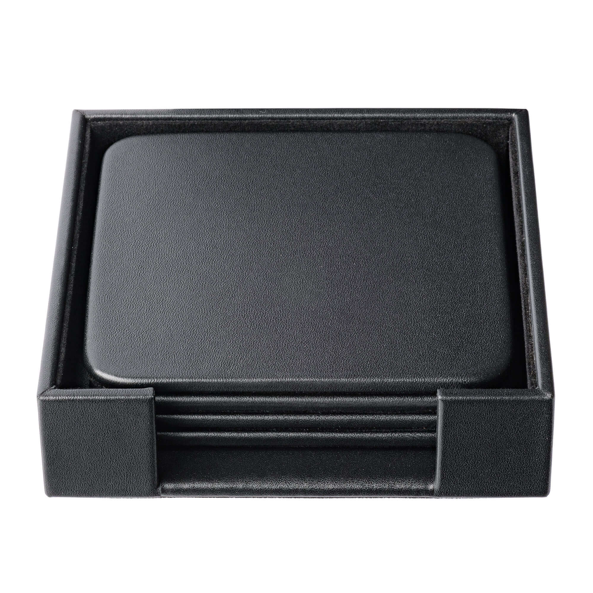 Black Leatherette 4 Square Coaster Set w/ Holder