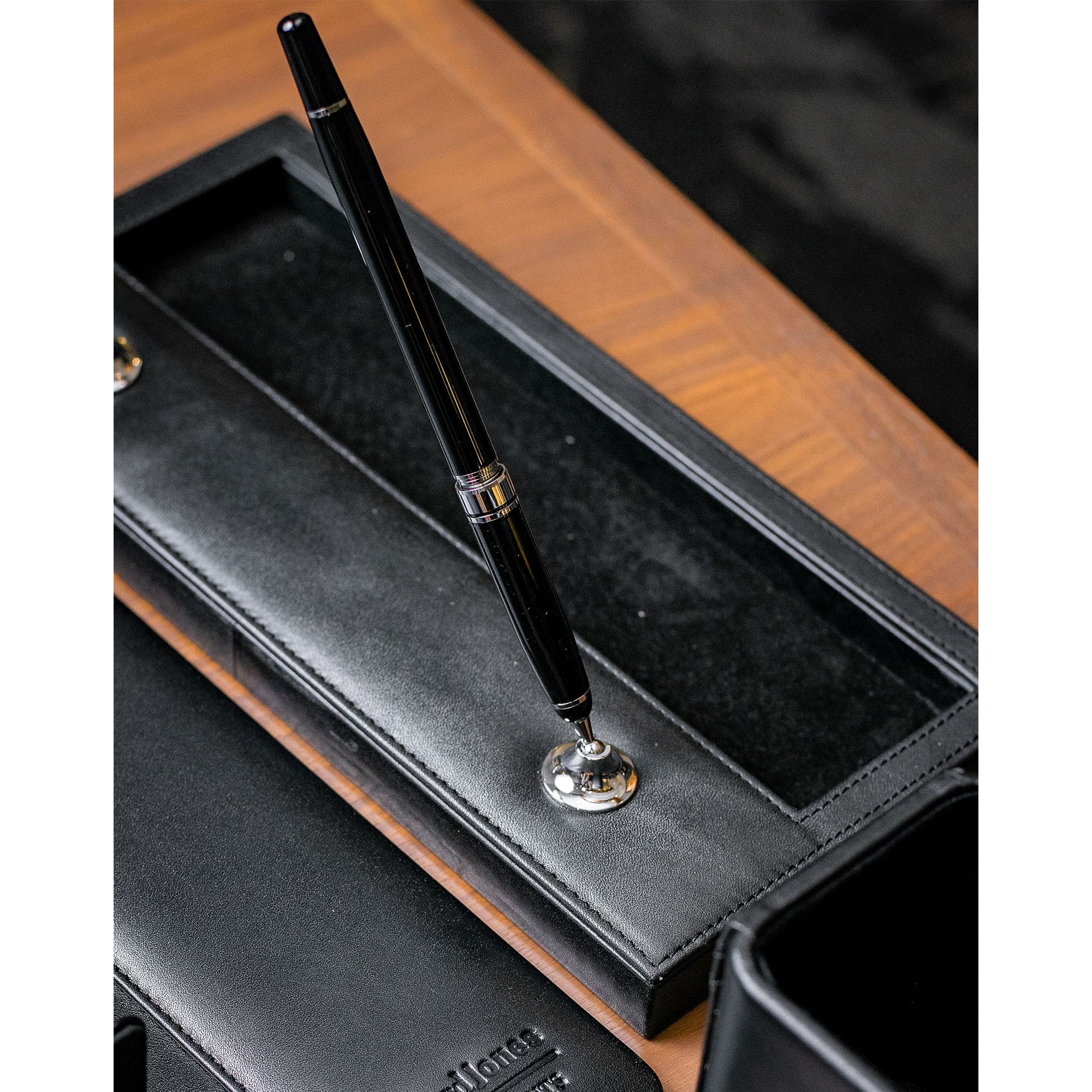 Black Leather Double Pen Stand w/ Silver Accents