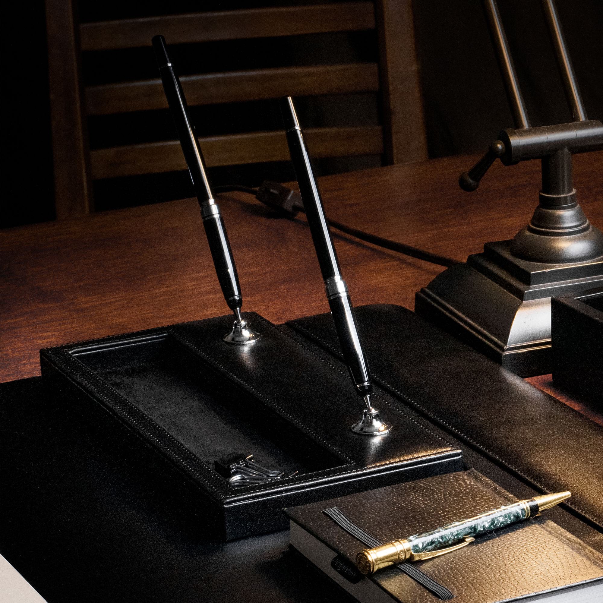 Black Leather Double Pen Stand w/ Silver Accents