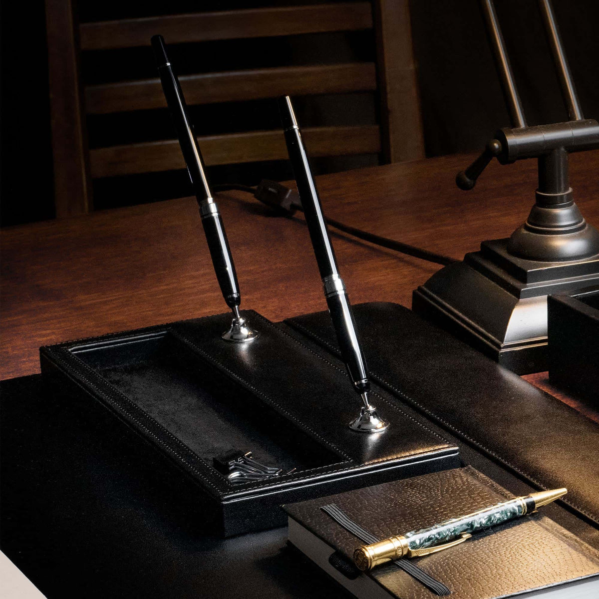 Black Leather Double Pen Stand w/ Silver Accents