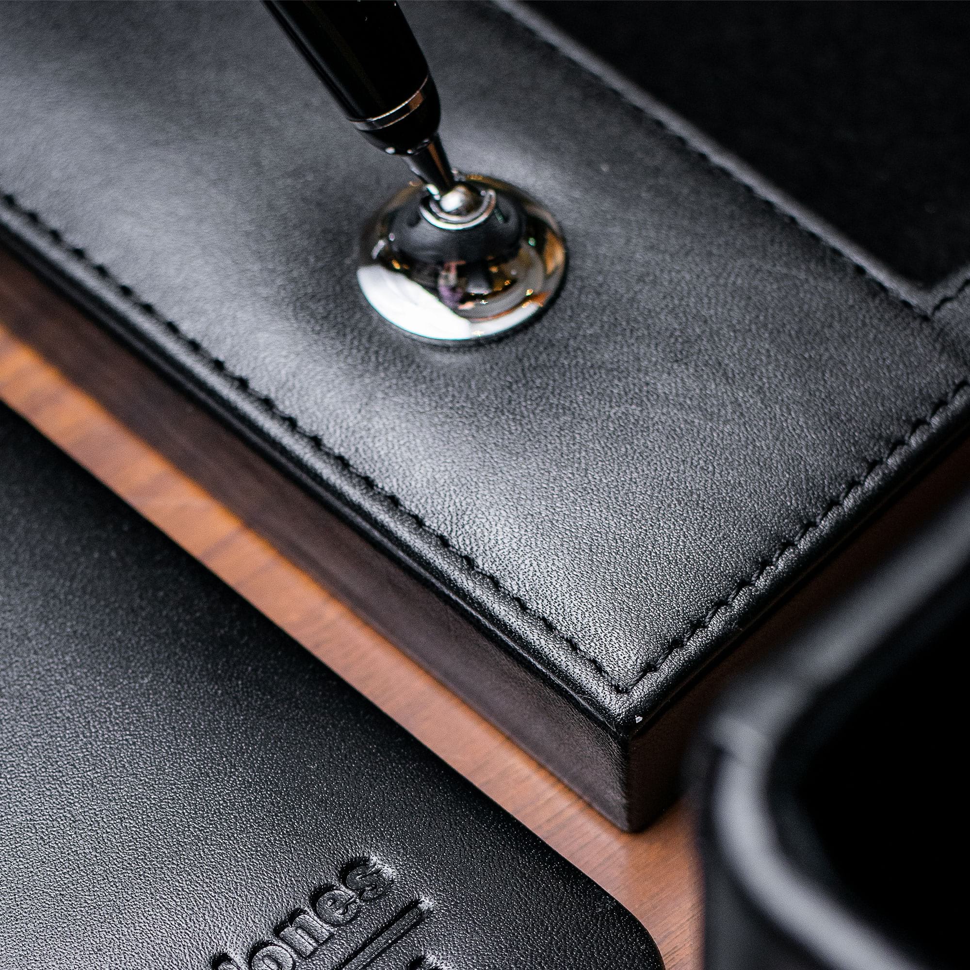 Black Leather Double Pen Stand w/ Silver Accents