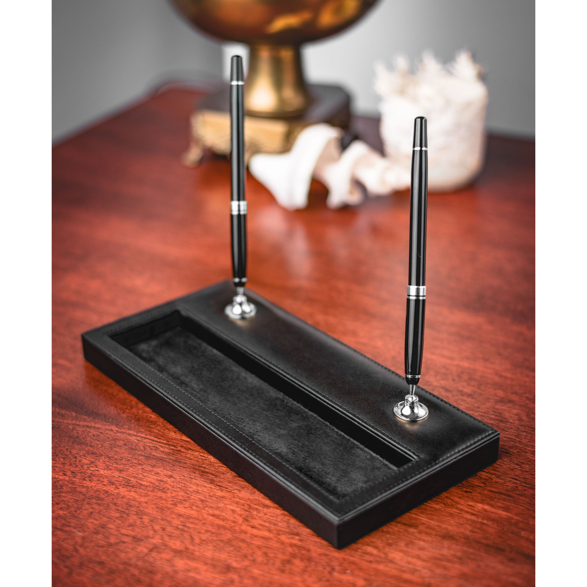 Black Leather Double Pen Stand w/ Silver Accents