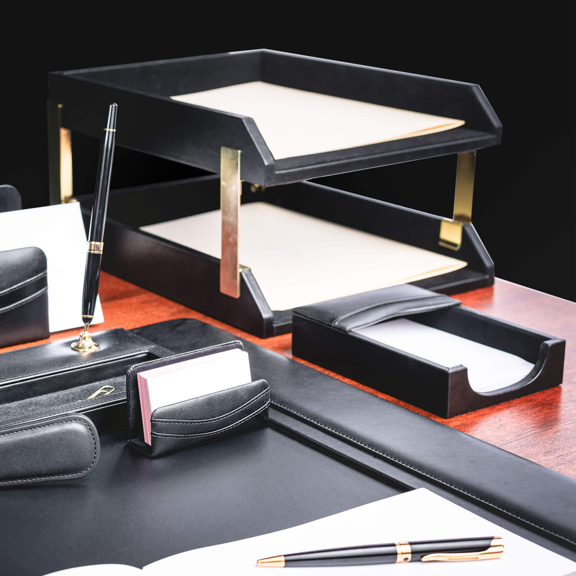 Classic Black Leather Front-Load Double Letter Trays with Gold Stacking Posts