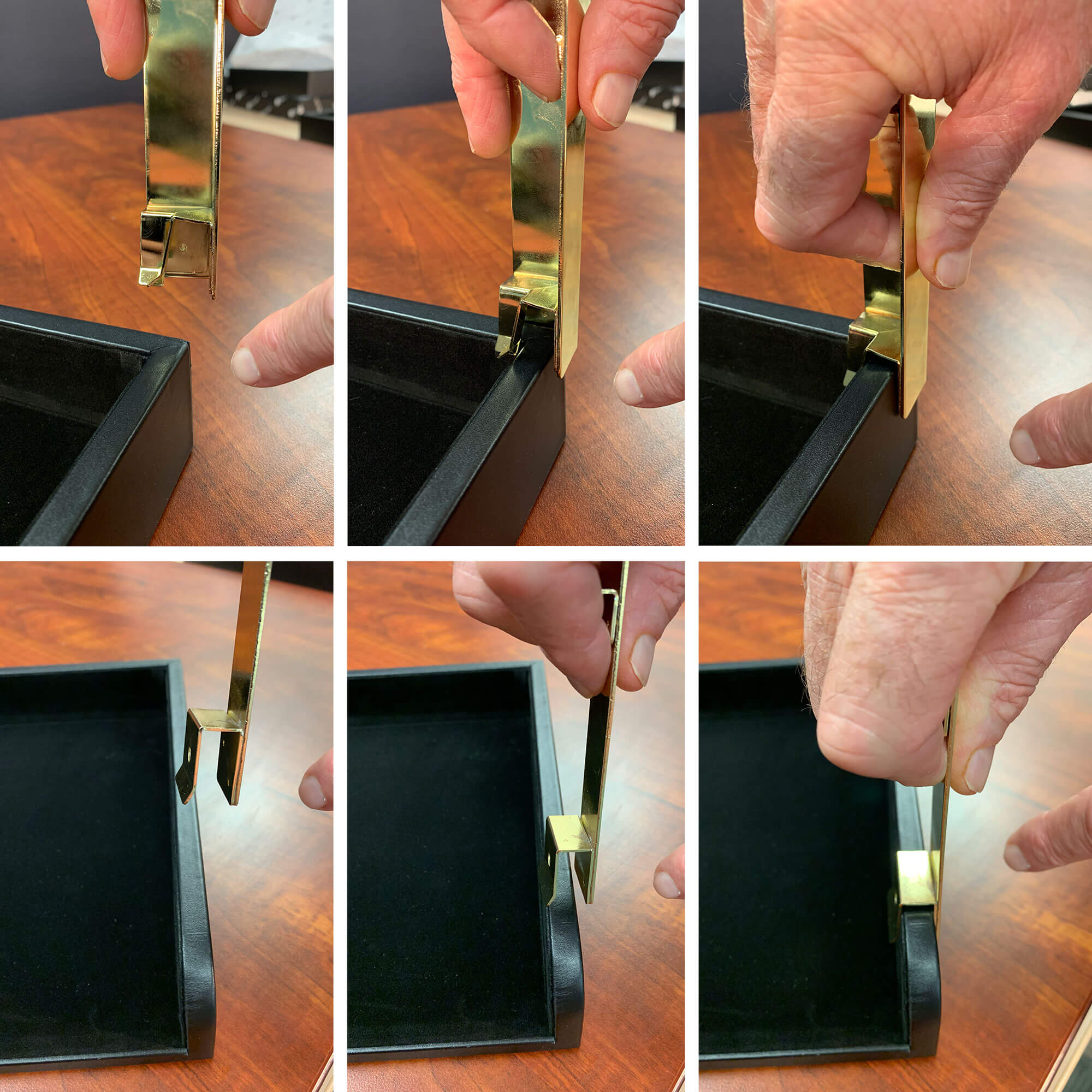 Classic Black Leather Front-Load Double Letter Trays with Gold Stacking Posts