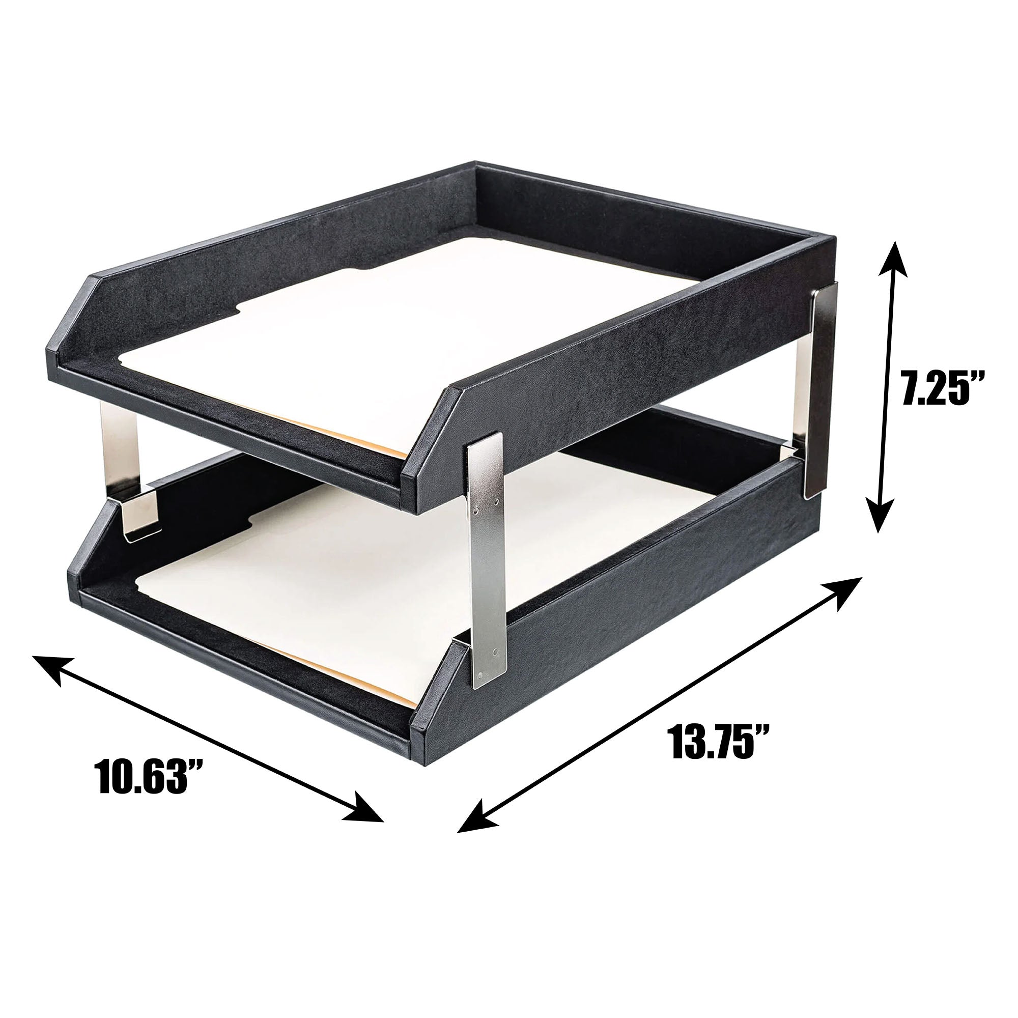 Classic Black Leather Letter Trays, Stacking Set, Silver