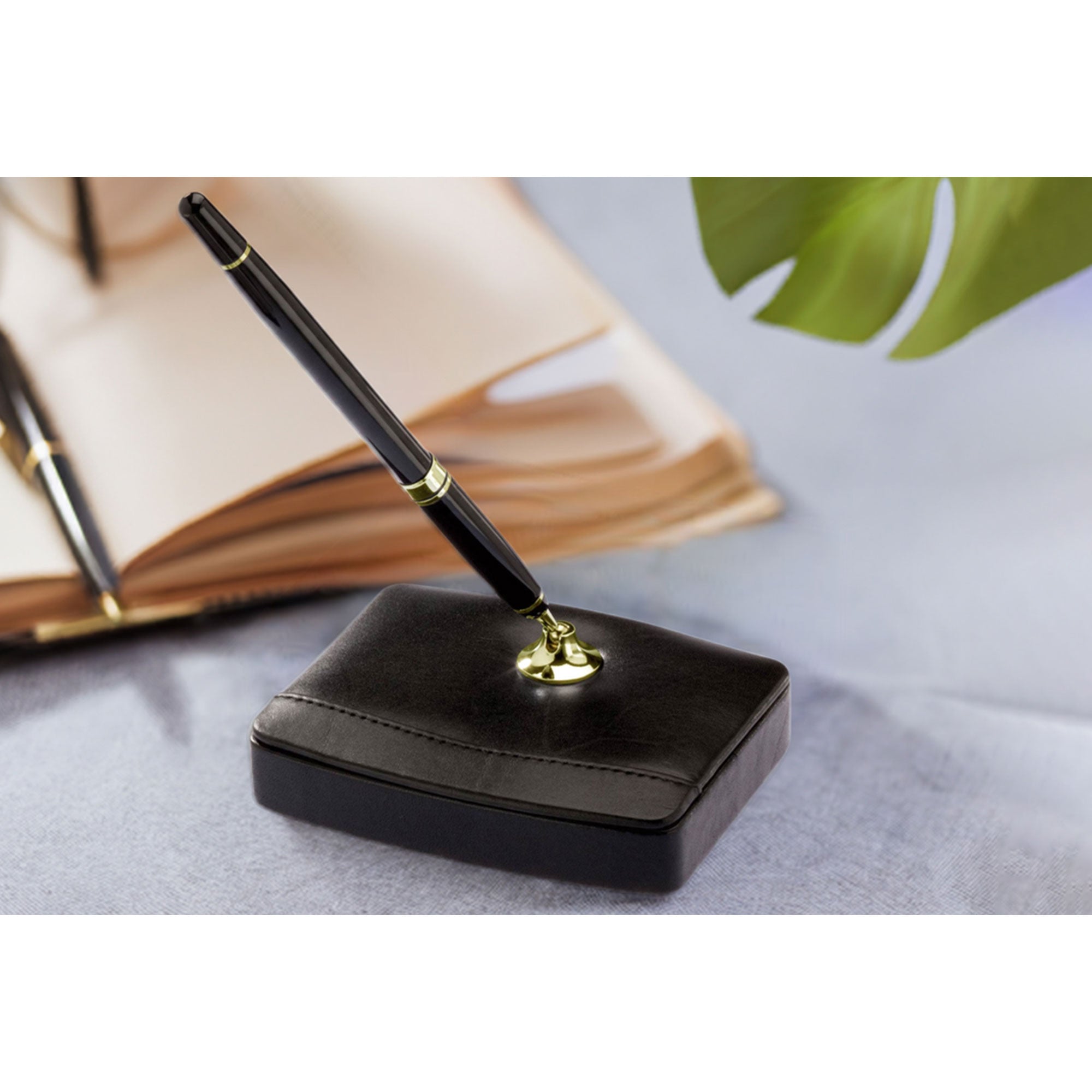 Classic Black Leather Single Pen Stand with Gold Accents