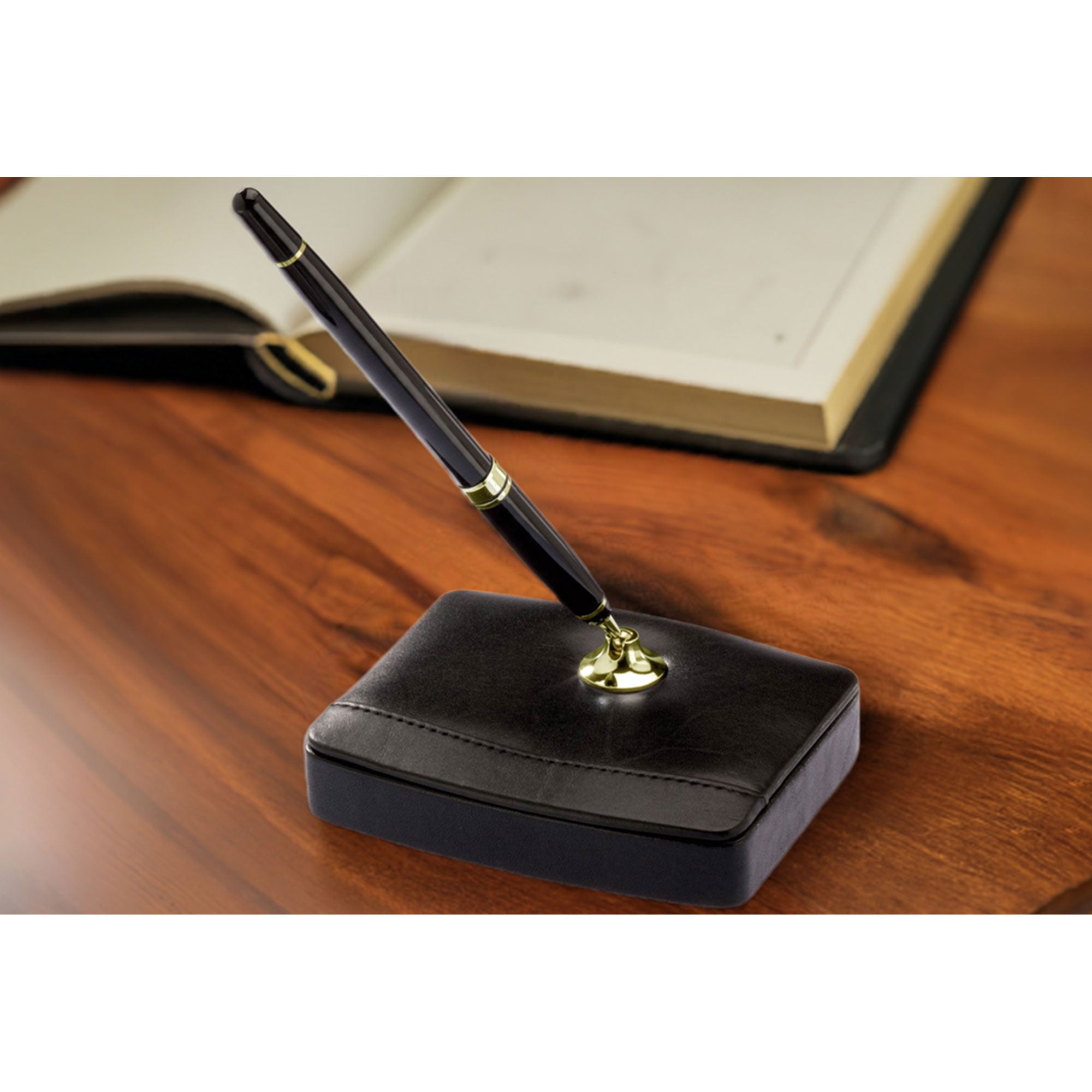 Classic Black Leather Single Pen Stand with Gold Accents