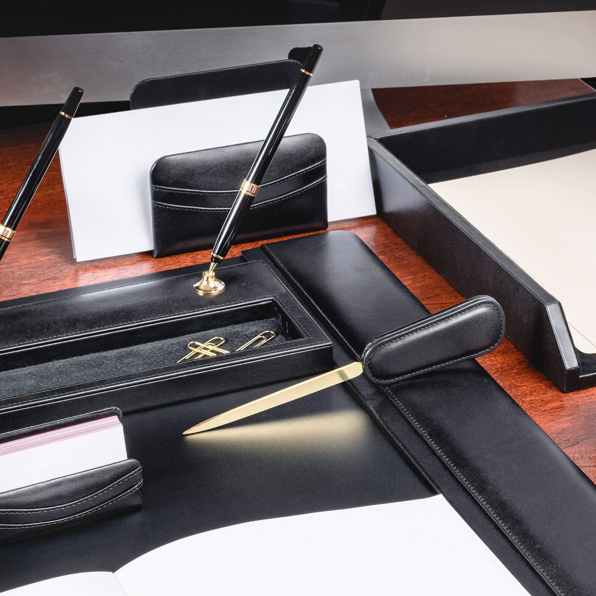 Classic Black Leather Letter Opener with Gold Accents