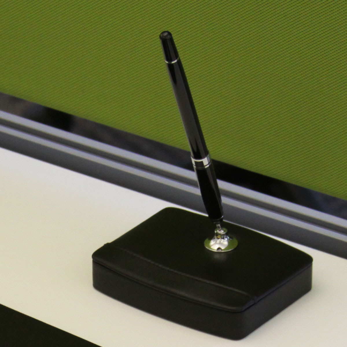 Classic Black Leather Single Pen Stand with Silver Accents