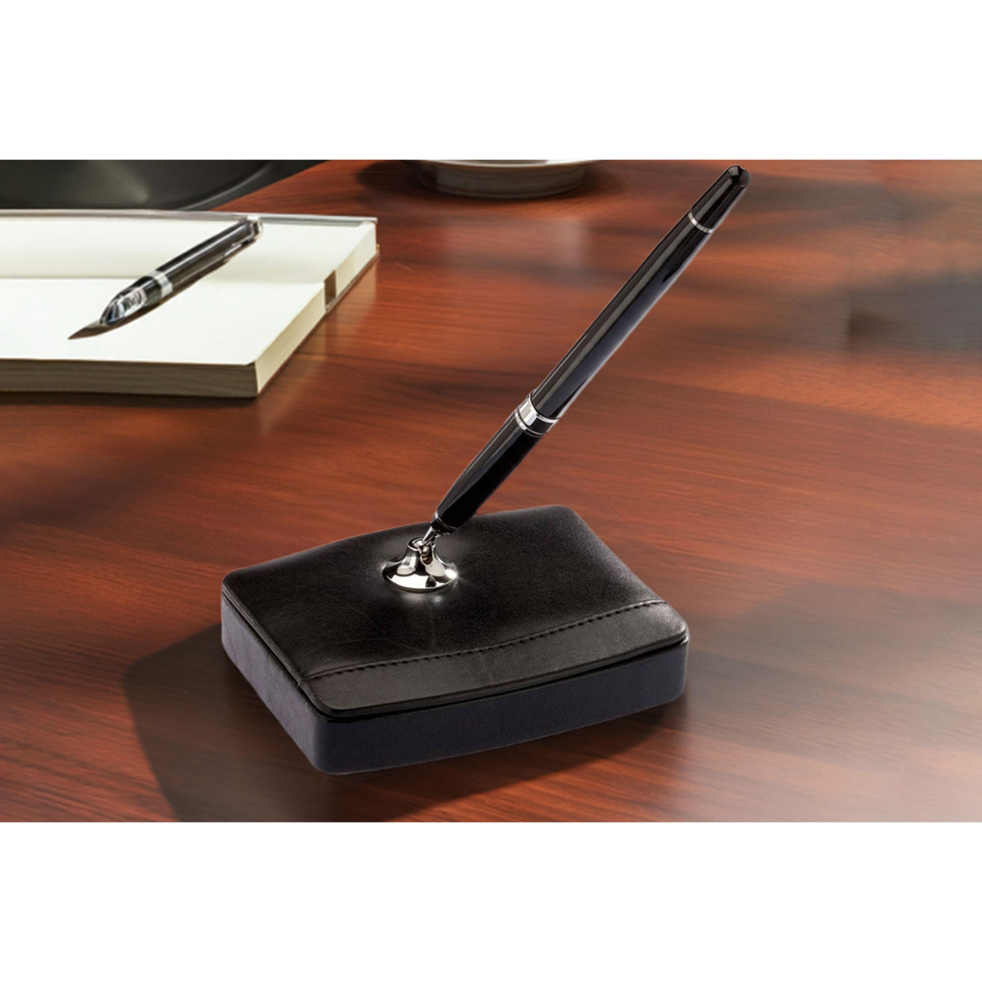 Classic Black Leather Single Pen Stand with Silver Accents