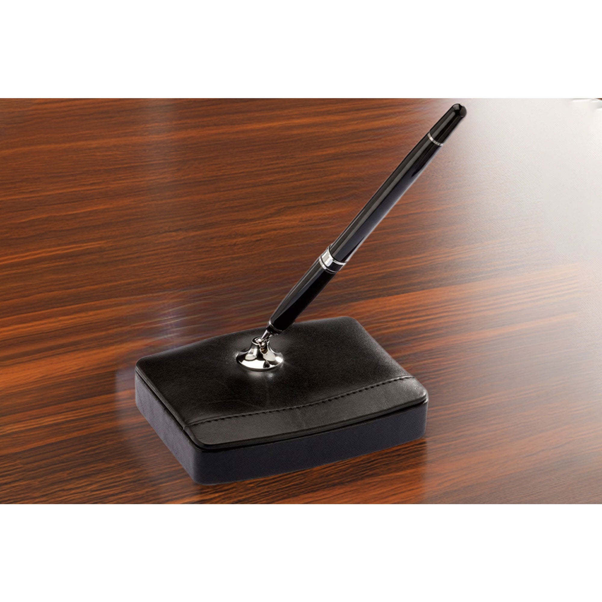 Classic Black Leather Single Pen Stand with Silver Accents