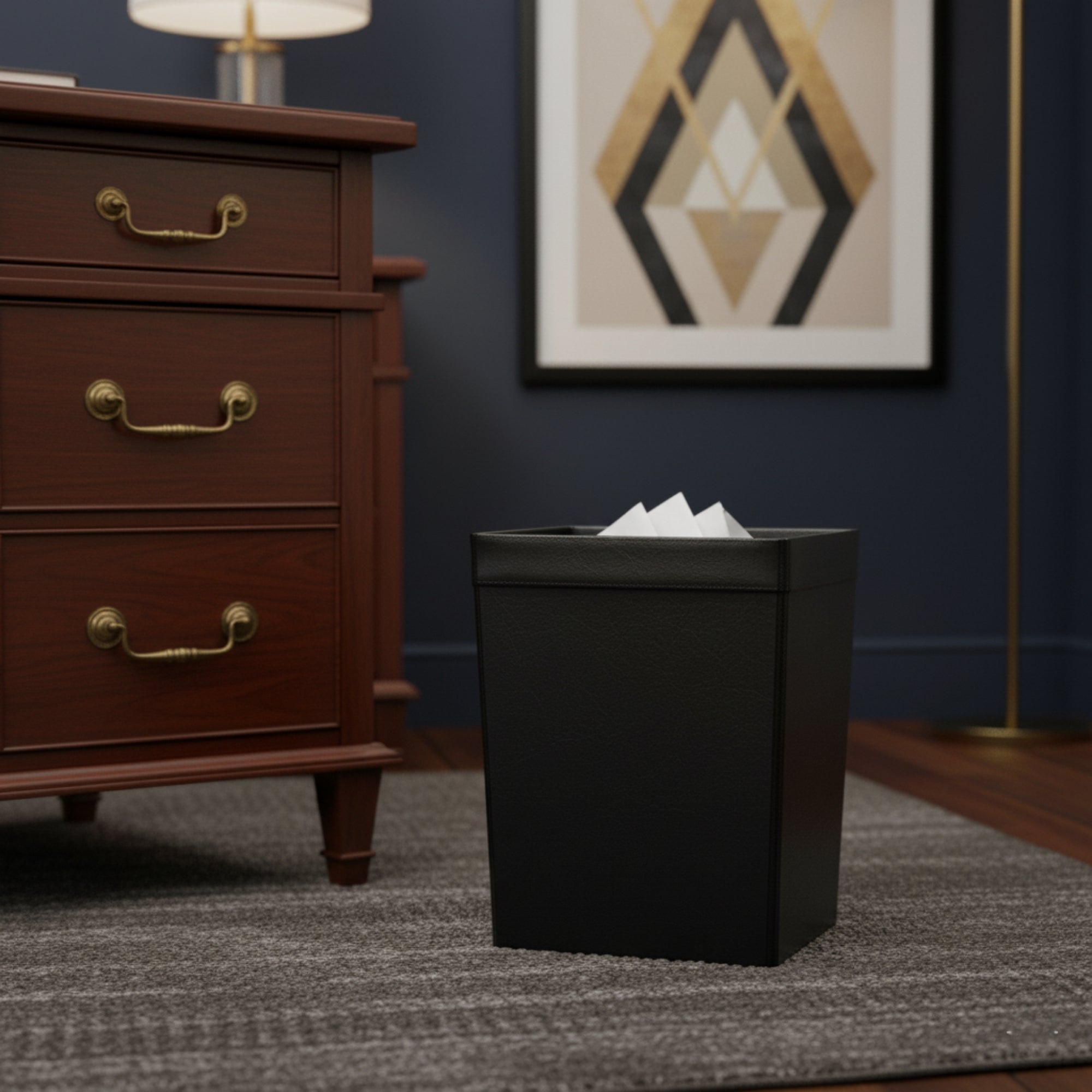 Classic Black Leather Square Waste Basket, 32 Qt