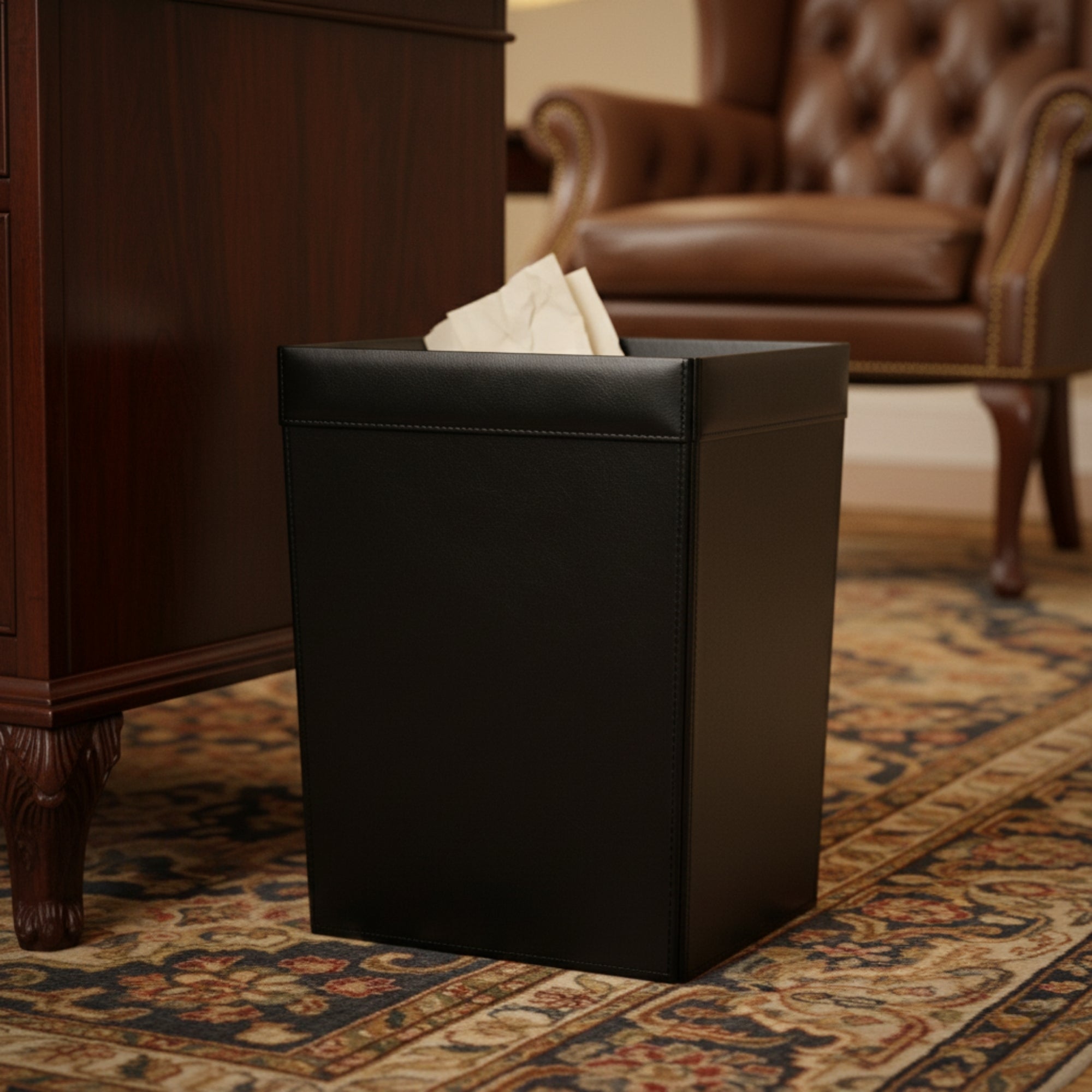 Classic Black Leather Square Waste Basket, 32 Qt