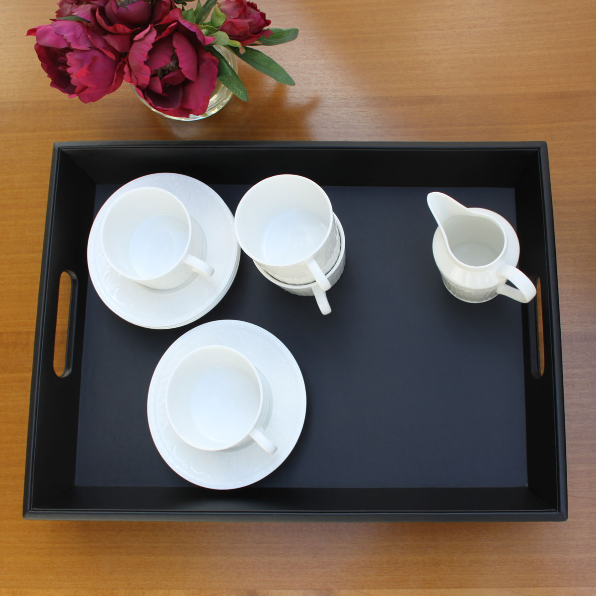 Classic Black Leather Serving Tray with Handles