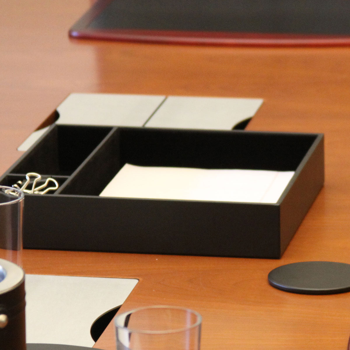 Black Leather Conference Room Organizer Tray