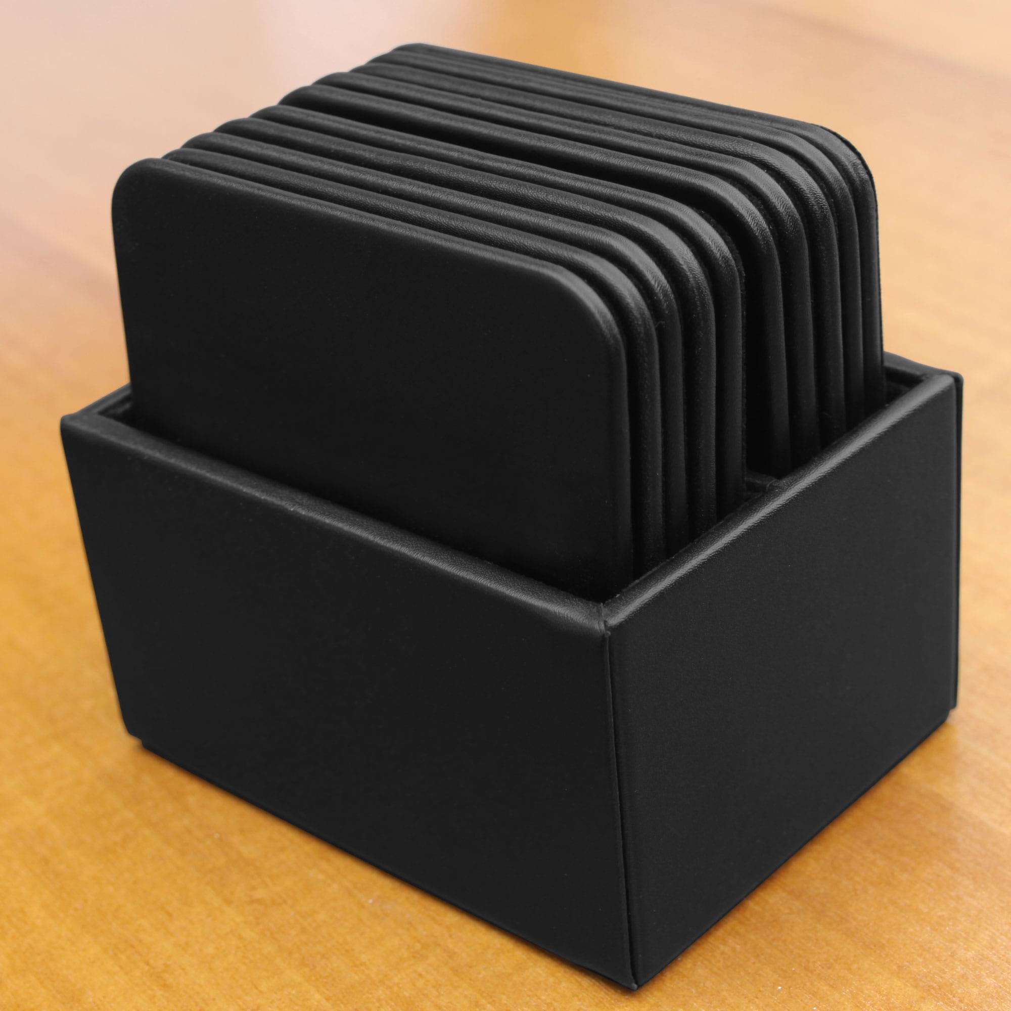 Black Leather 10 Square Coaster Set w/ Holder
