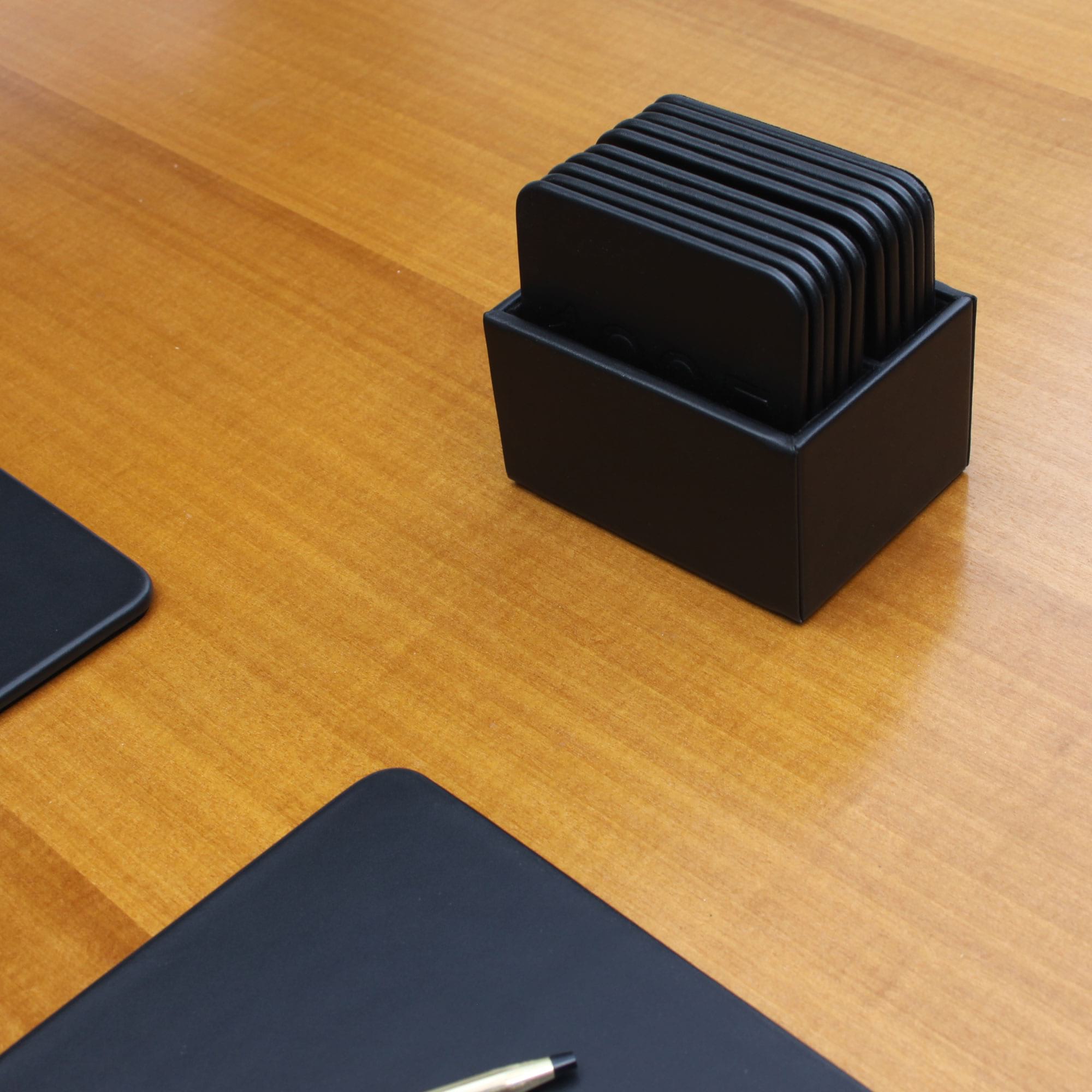 Black Leather 10 Square Coaster Set w/ Holder