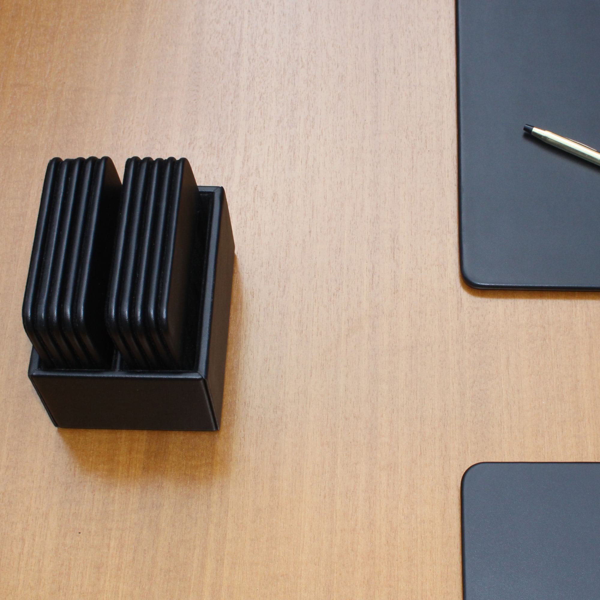 Black Leather 10 Square Coaster Set w/ Holder