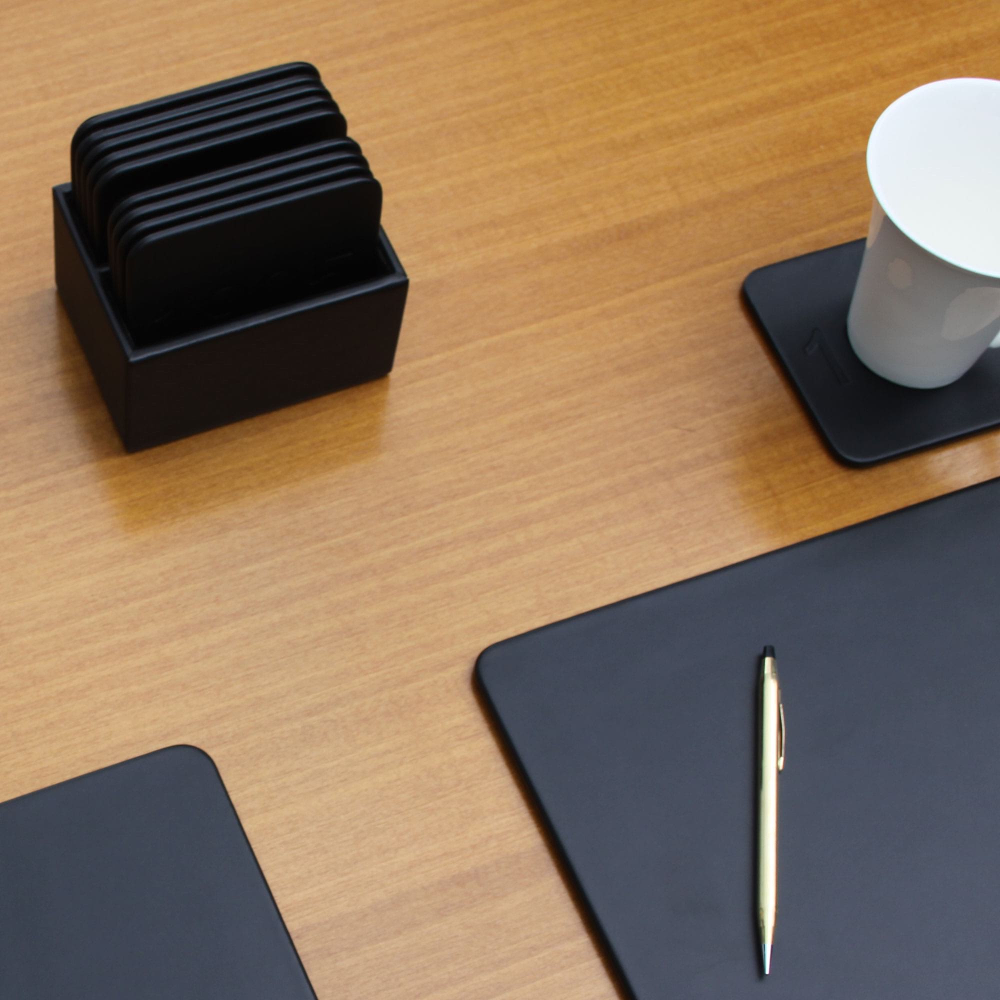 Black Leather 10 Square Coaster Set w/ Holder