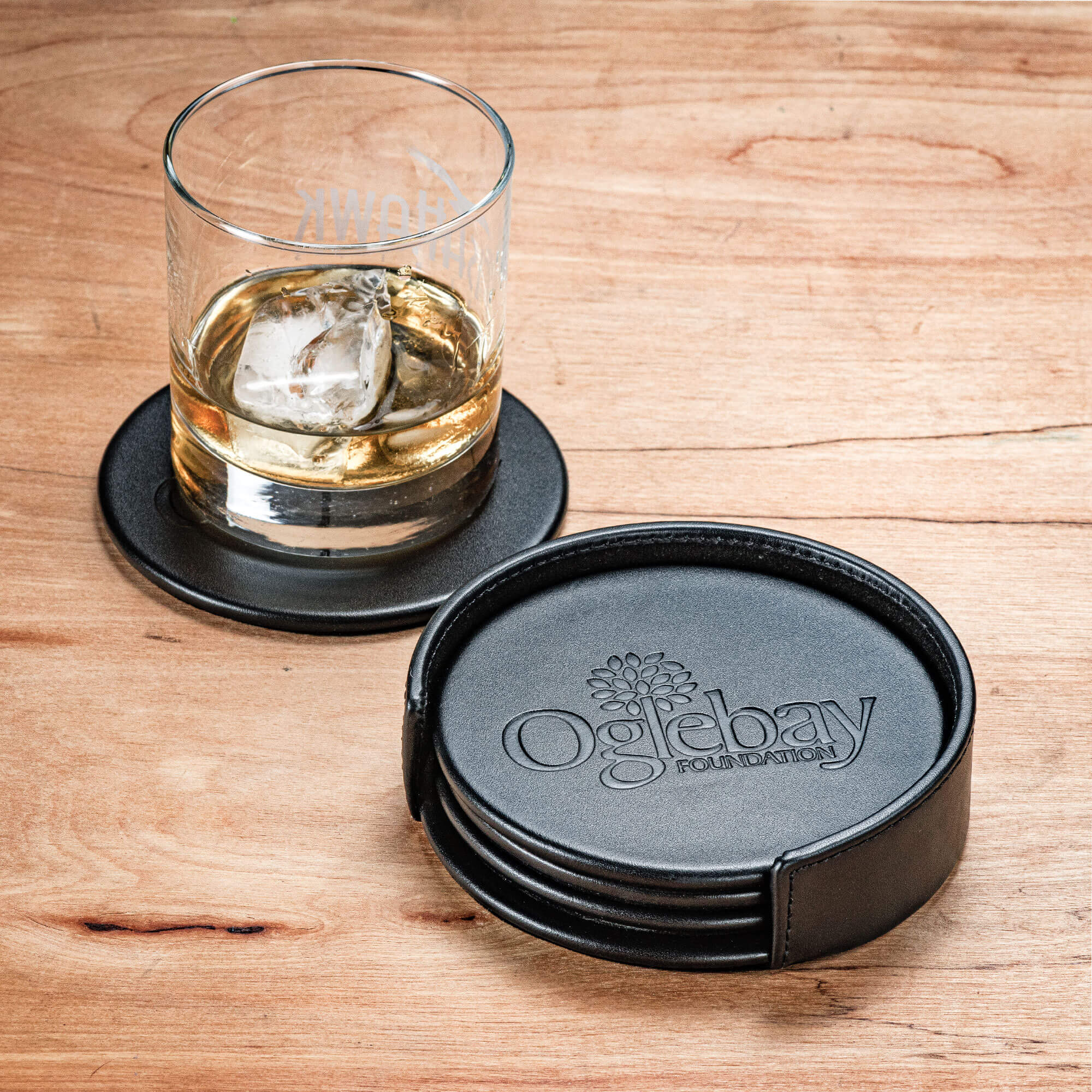 Black Leather 4 Round Coaster Set w/ Holder
