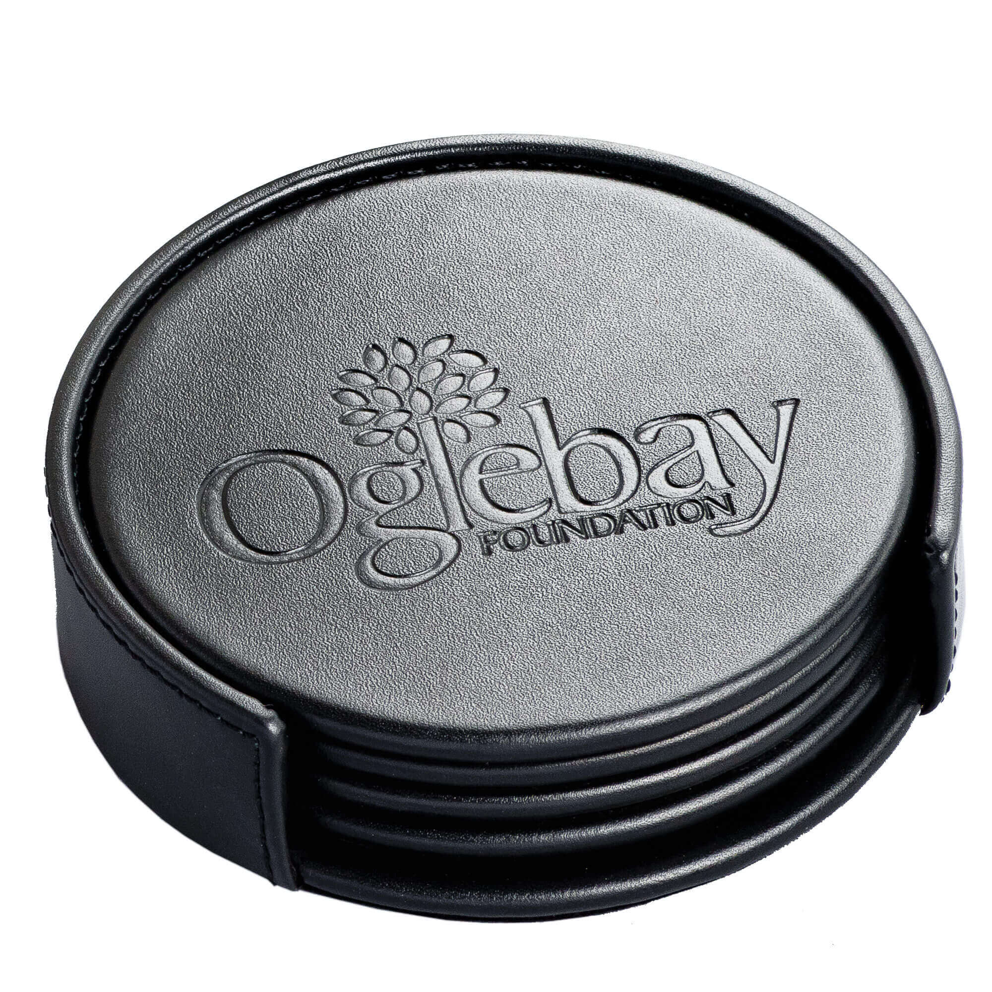 Black Leather 4 Round Coaster Set w/ Holder