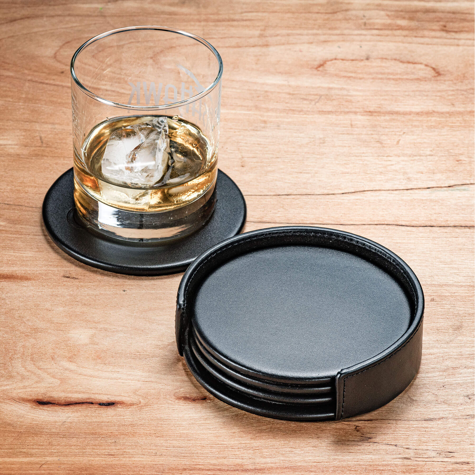 Black Leather 4 Round Coaster Set w/ Holder