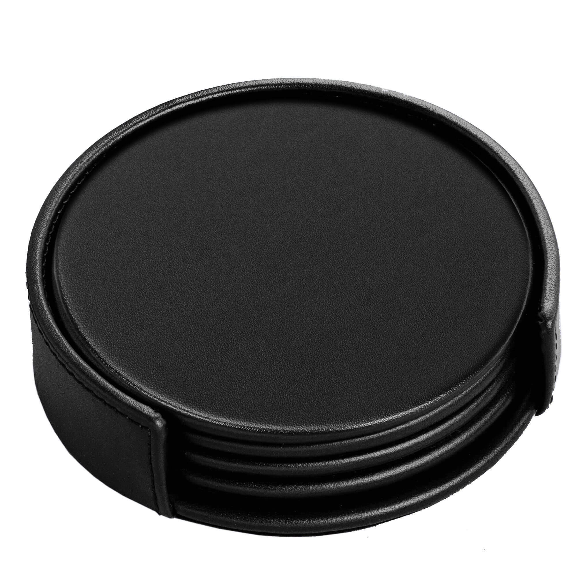Black Leather 4 Round Coaster Set w/ Holder