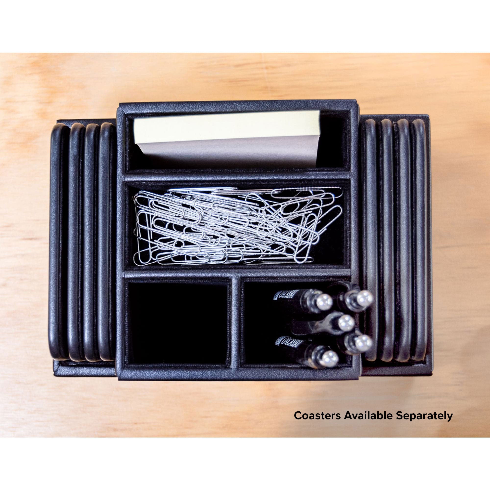 Classic Black Leather Multi-Purpose Desk Supply Organizer