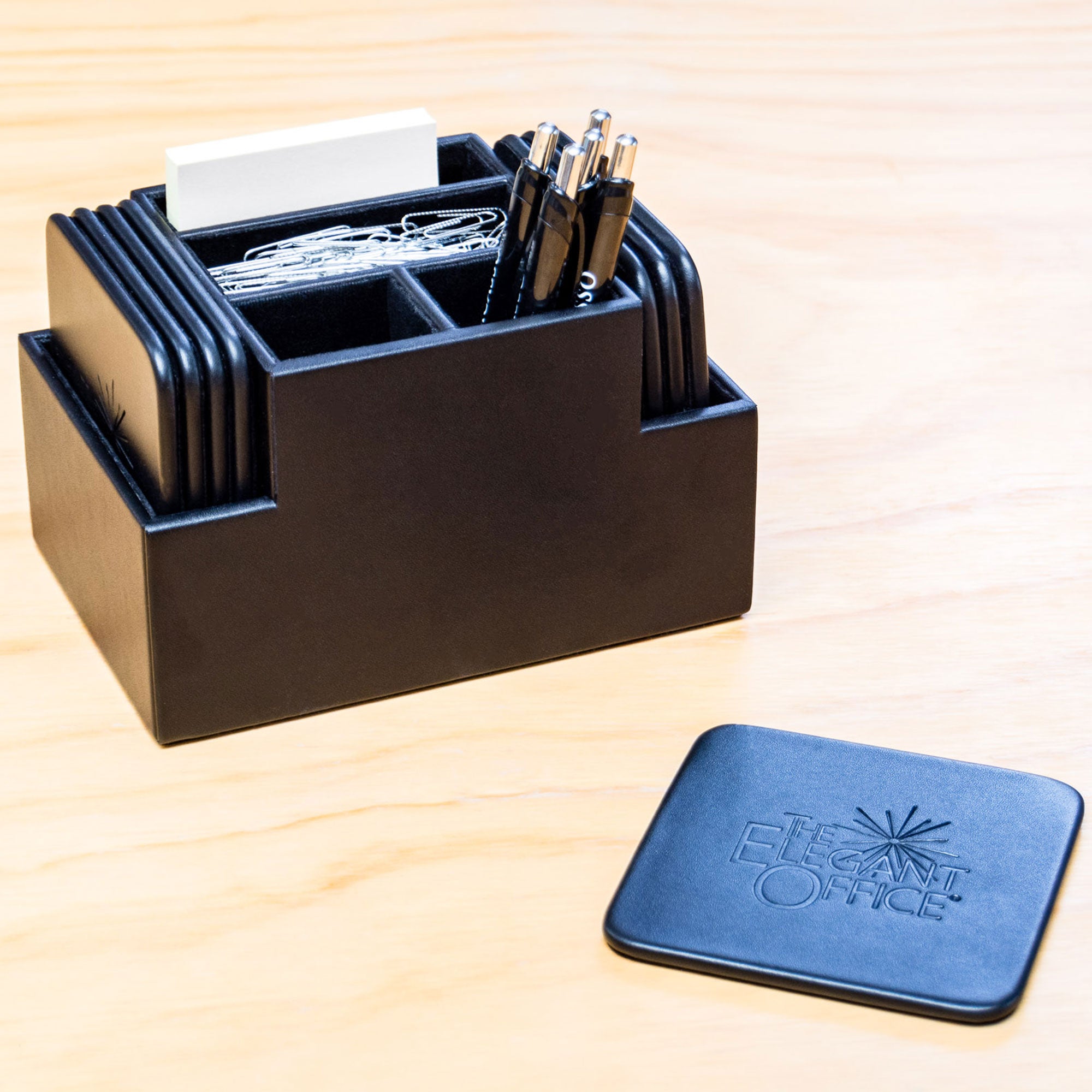 Black Leather 8 Square Coaster Set w/ Holder