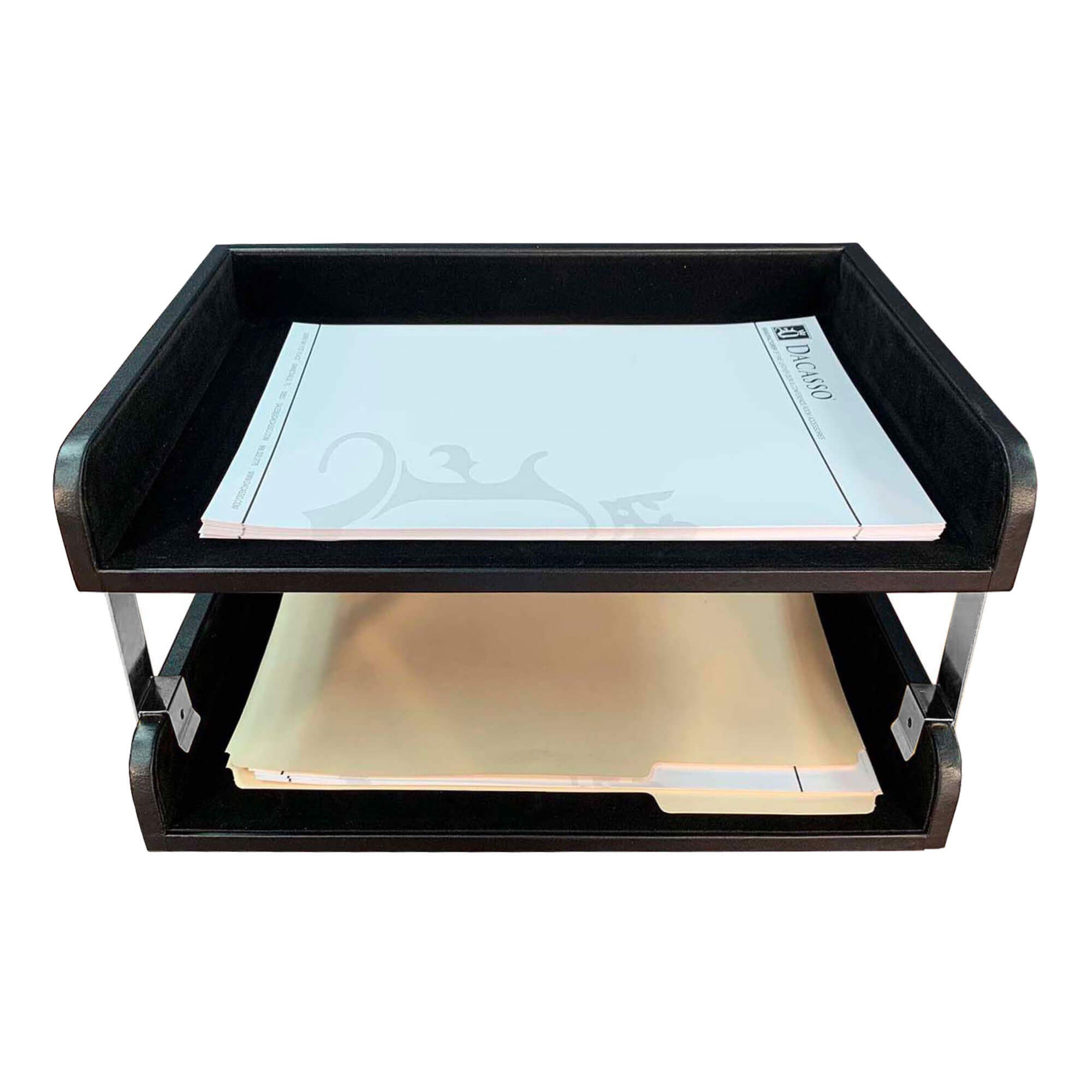 Classic Black Leather Letter Tray, Side Load, Stacking Set, Silver